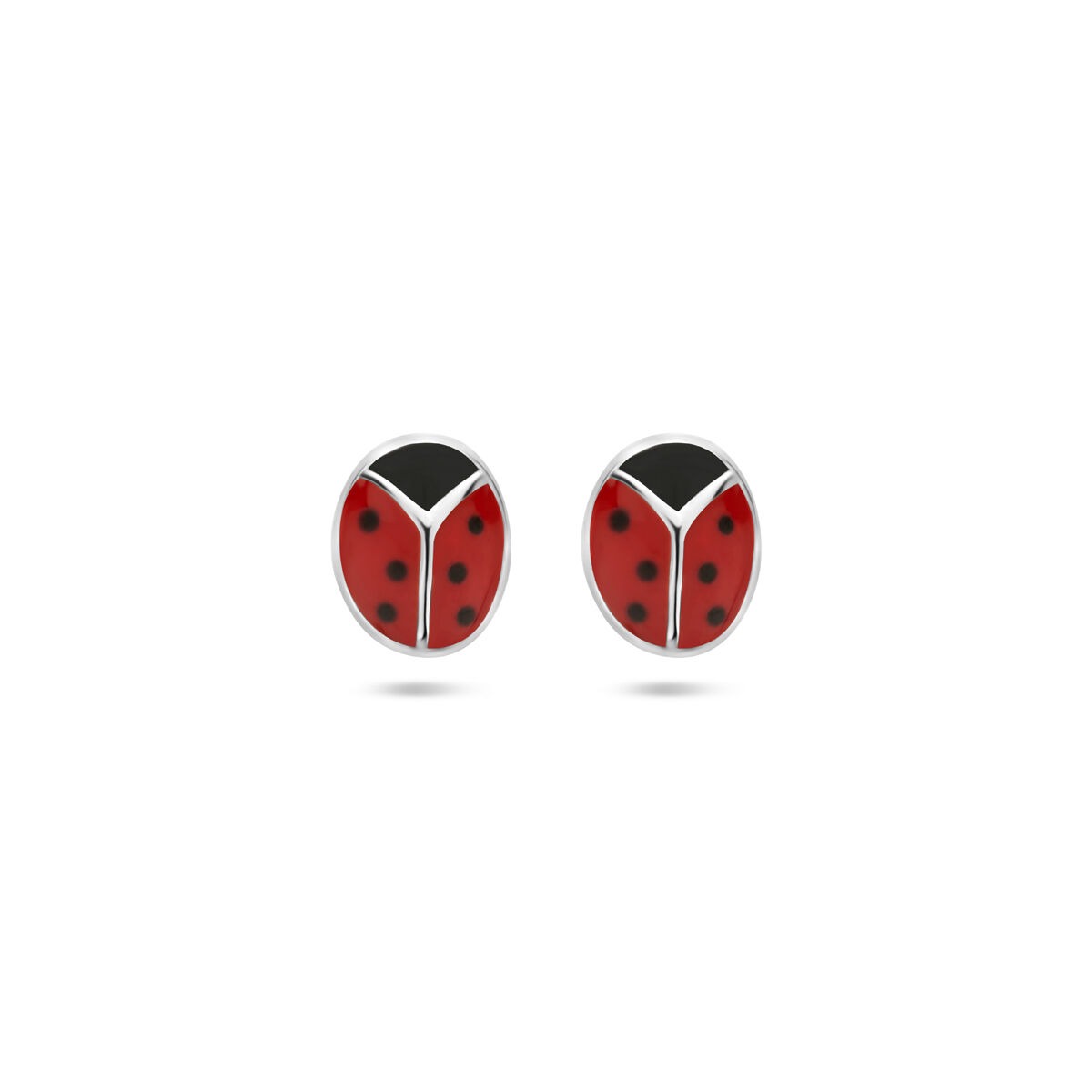 Boucles d'oreilles en argent rhodié en forme de coccinelle, avec émail rouge et noir.