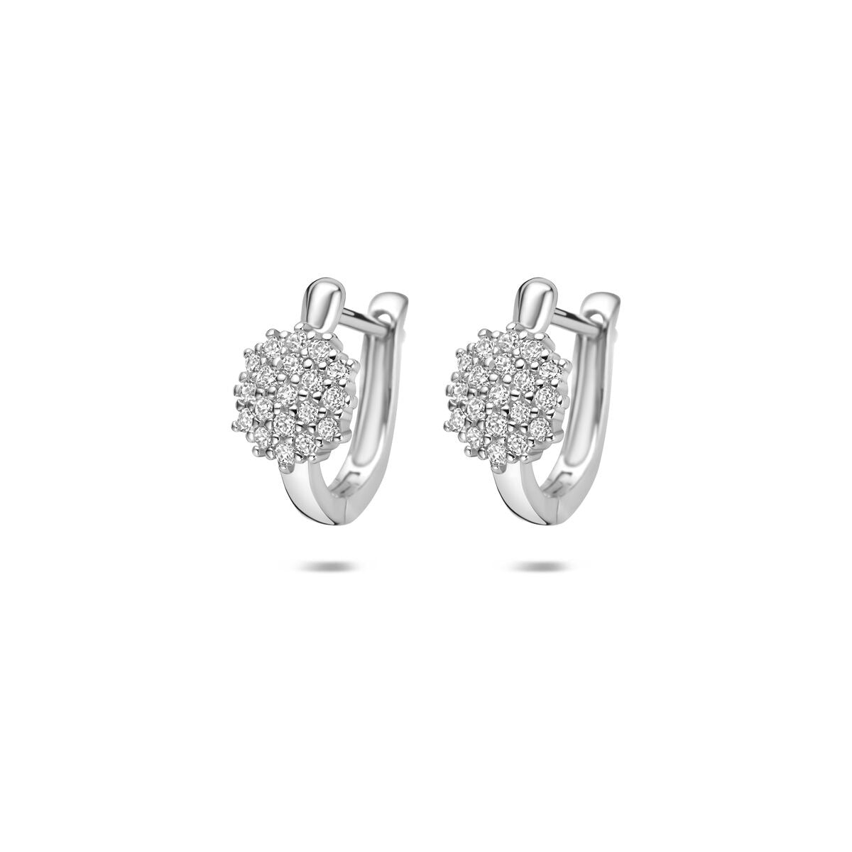 Boucles d'oreilles en argent rhodié avec zirconia, forme arrondie et motif floral.