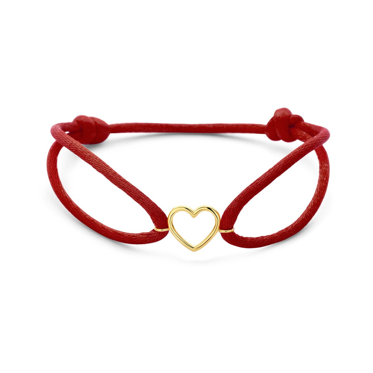 Bracelet en satin rouge avec un cœur en or jaune 14 carats.