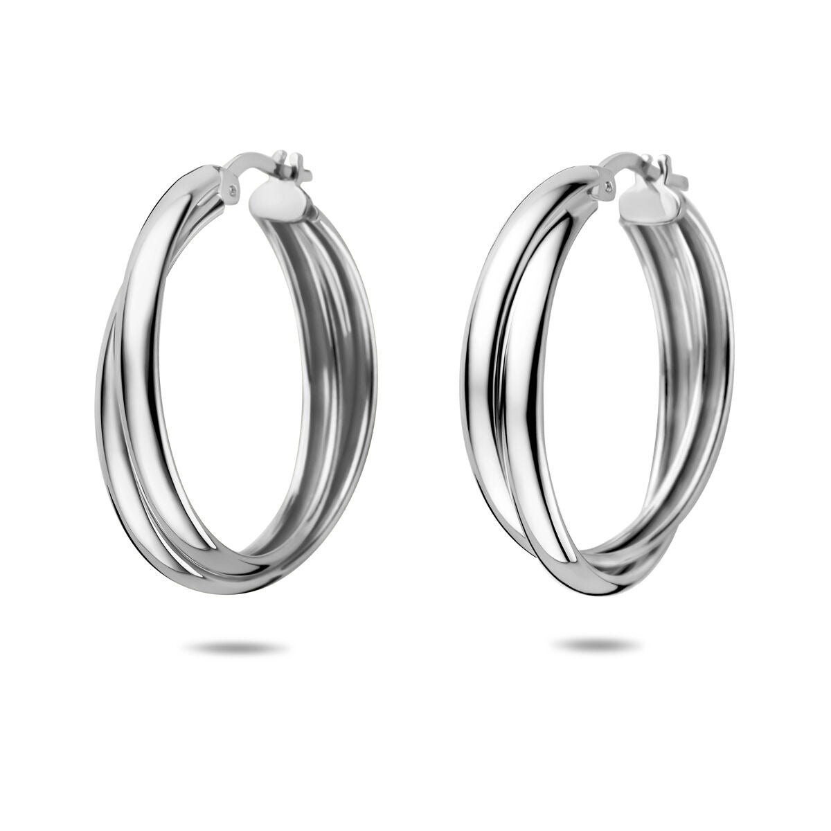 Boucles d'oreilles en argent 925 rhodié, de forme ronde avec un design à double anneau.