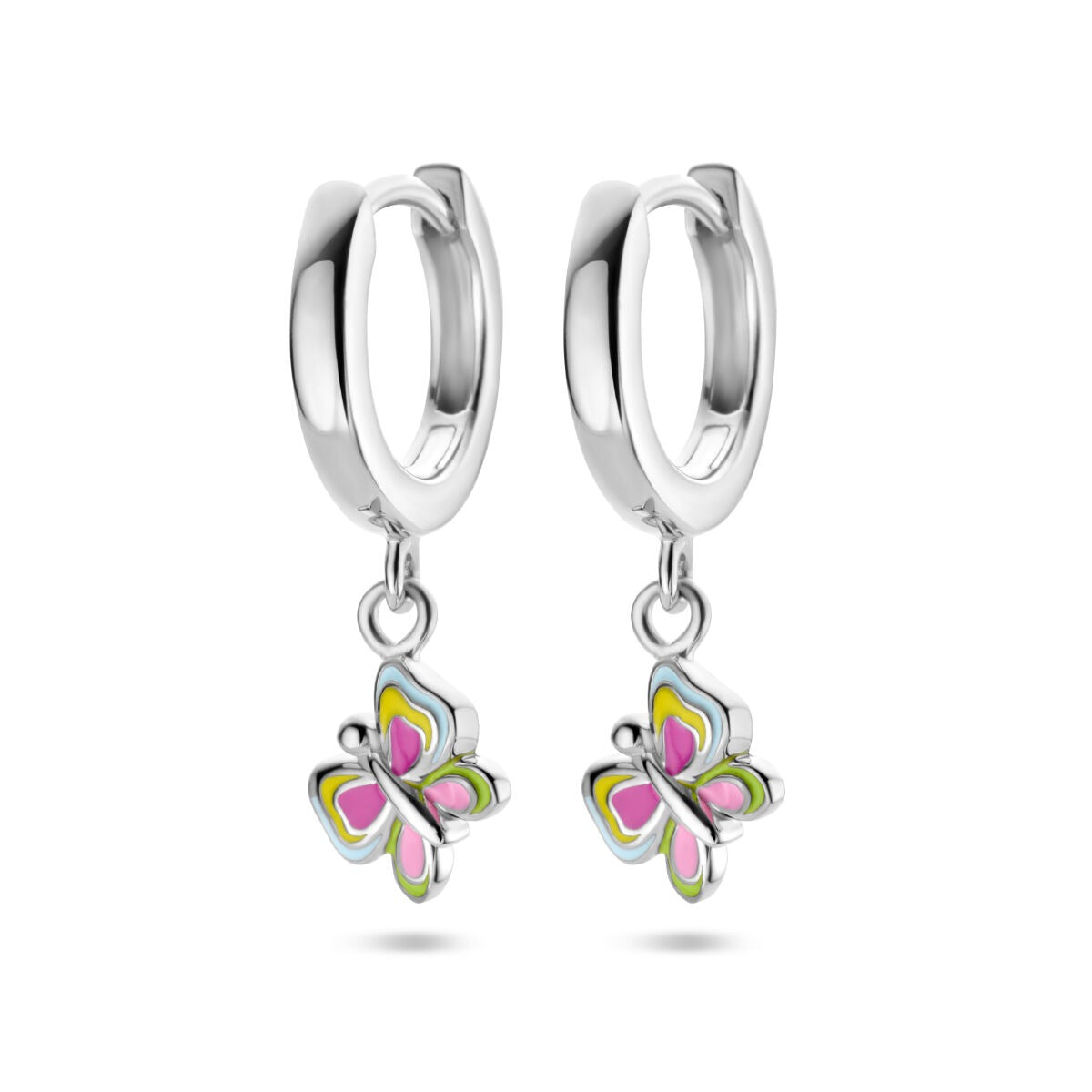 Boucles d'oreilles en argent avec pendentifs en forme de papillon coloré en émail.