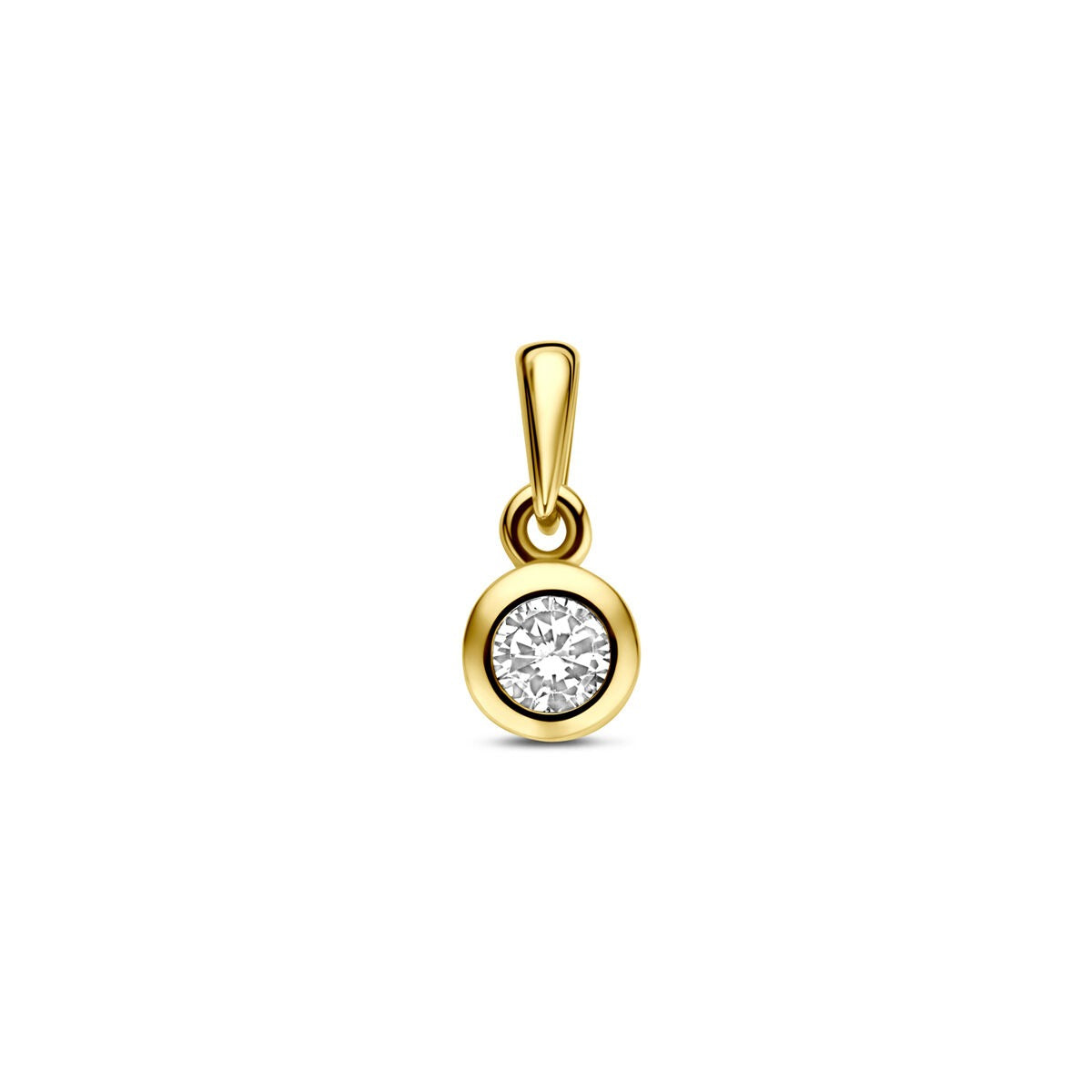 Pendentif en or jaune 14 carats avec zirconia, diamètre de 11 mm.