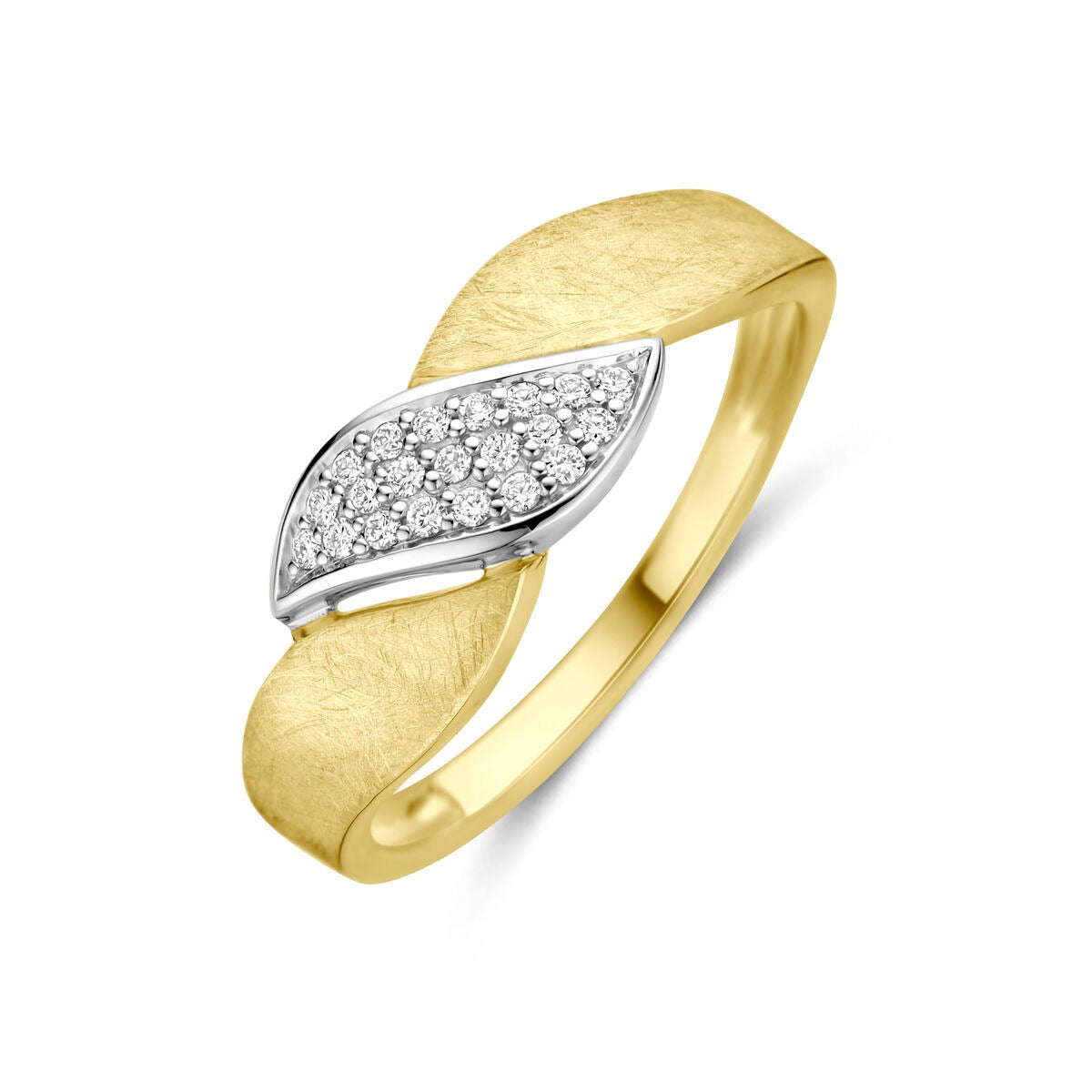 Bague en or bicolore jaune et blanc avec finition mate, ornée de diamants de 0,08 ct.