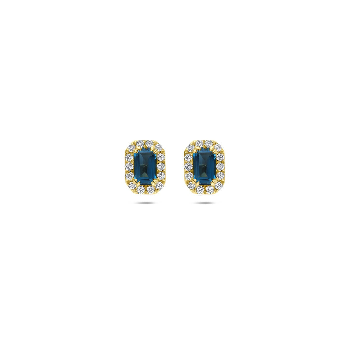 Boucles d'oreilles en or jaune 14 carats avec topaze bleue de Londres et diamant cultivé en laboratoire.