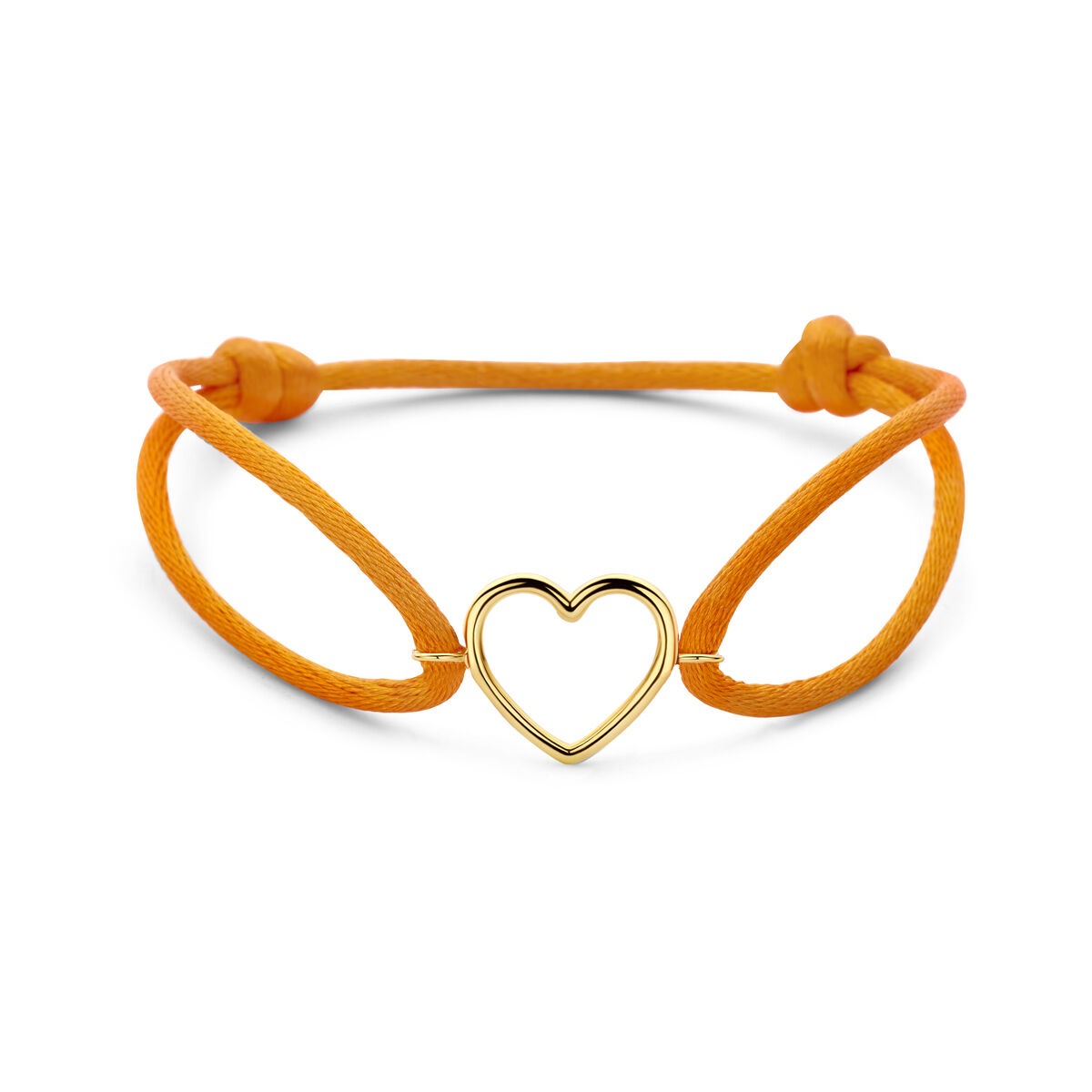 Bracelet en satin orange avec un cœur en or jaune 14 carats, design vivant et délicat.