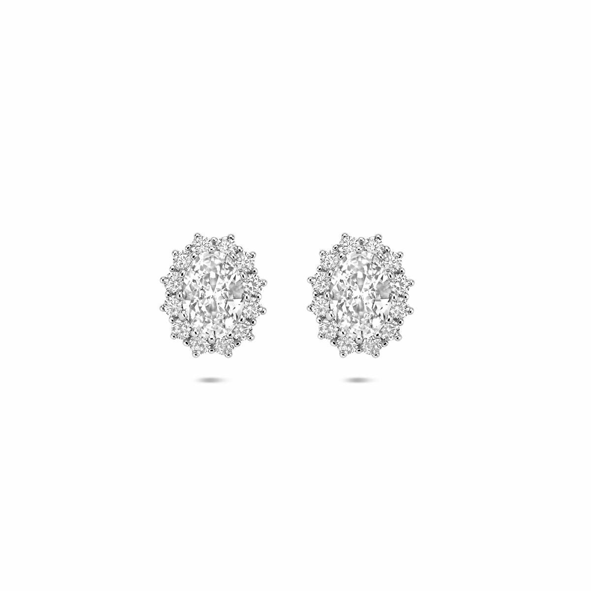 Boucles d'oreilles en argent rhodié ornées de zirconia, forme florale.