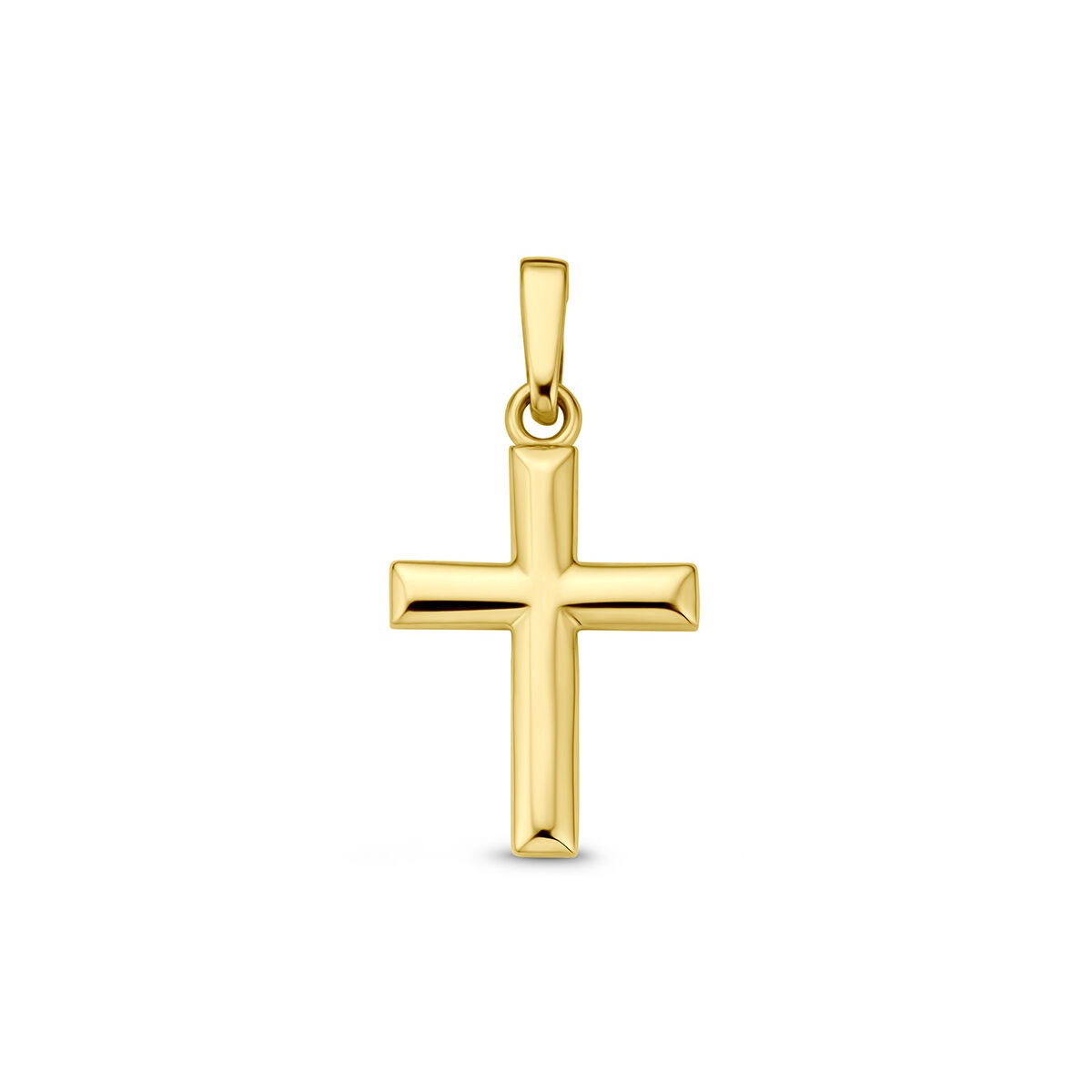 Pendentif croix en or jaune 9 carats, finition lisse et brillante.