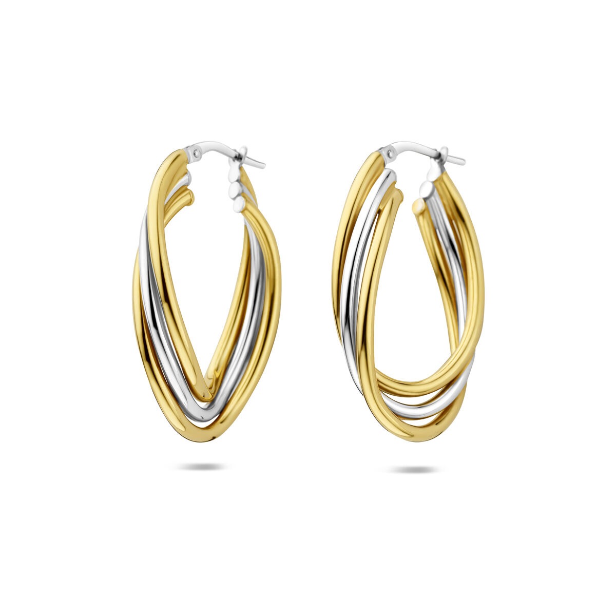 Boucles d'oreilles ovales bicolores en argent et or, avec un design élégant et des lignes entrelacées.