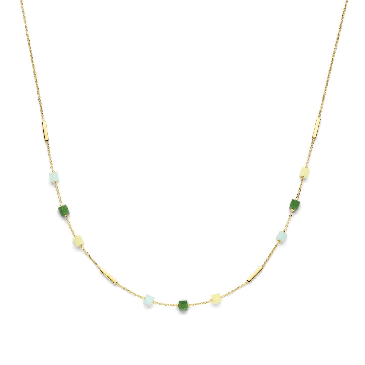 Collier en or 14k avec des pierres de quartzite bleu et vert, design délicat.