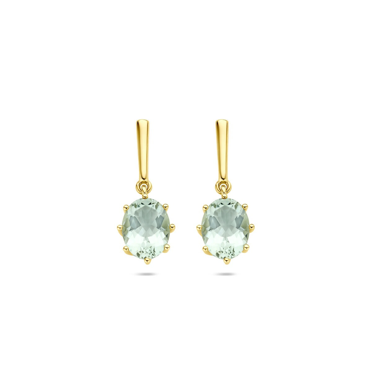 Boucles d'oreilles en or jaune 14 carats avec améthyste verte, ovales et serties.