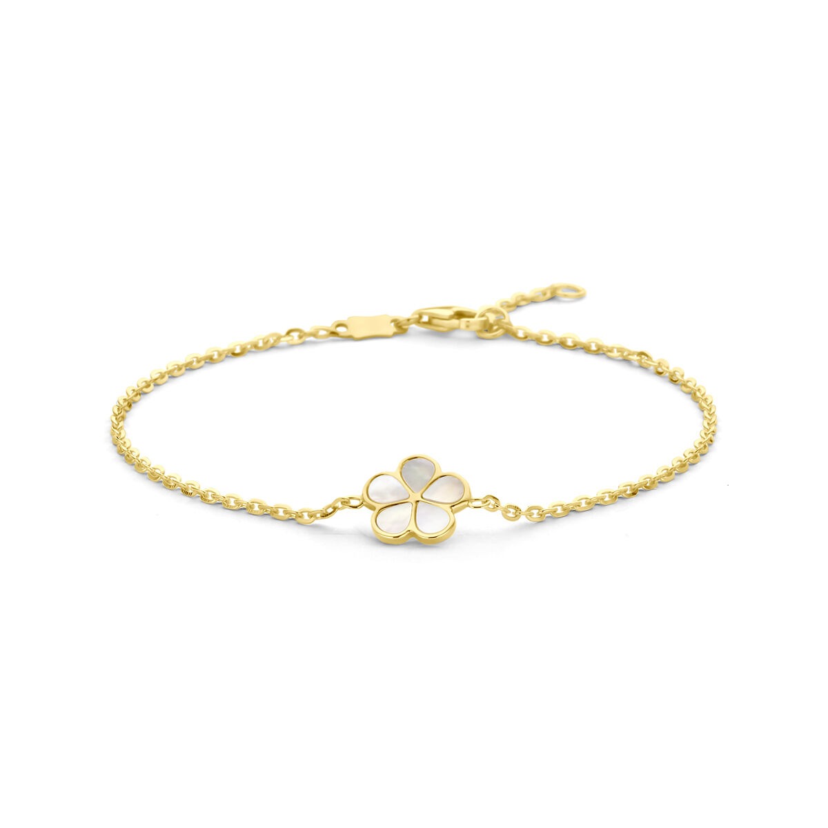 Bracelet en or 14 carats avec une fleur en nacre.