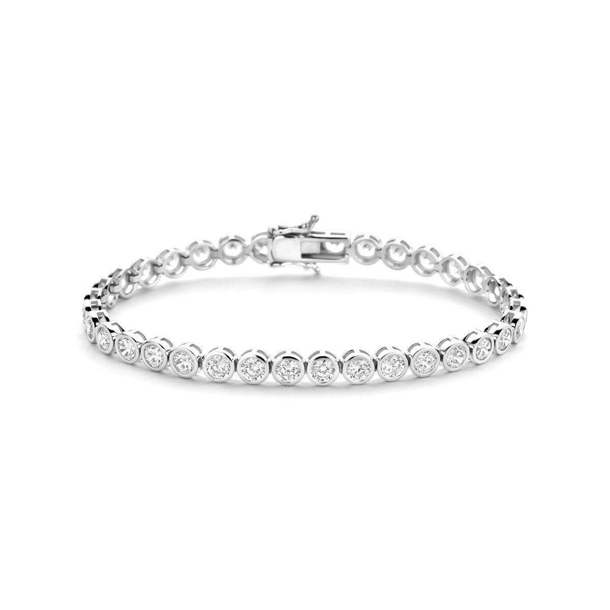 Zilveren tennisarmband van gerhodineerd 925 zilver met ronde zirkonia-steentjes, 5.3 mm breed.