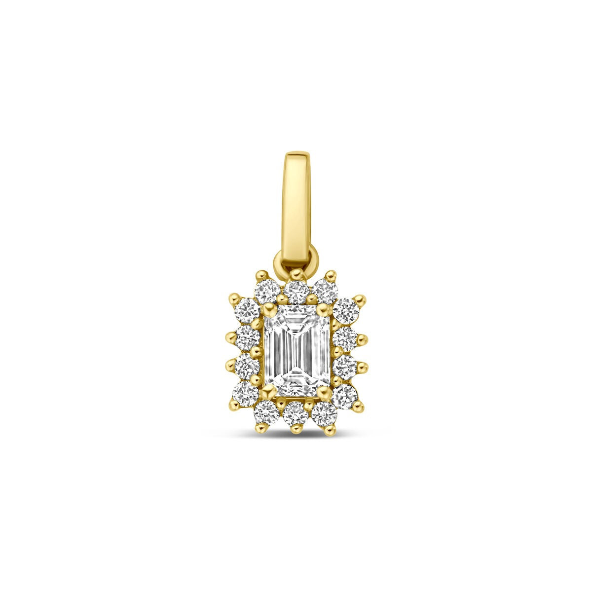 Pendentif en or jaune 14 carats avec un diamant cultivé en laboratoire, entouré de petits diamants.