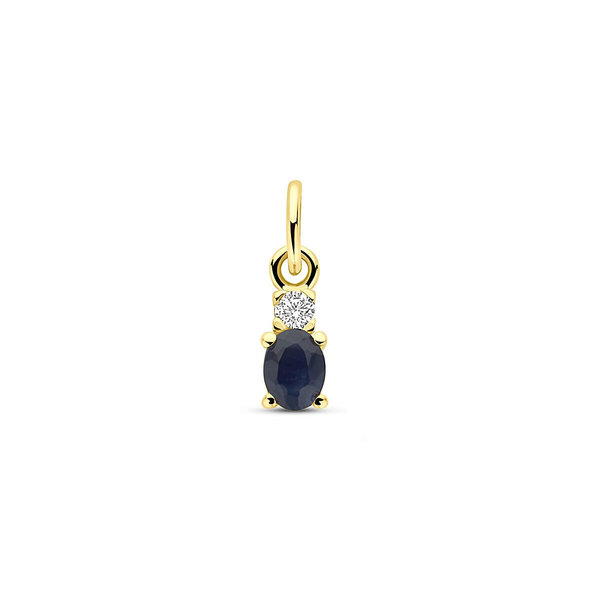 Geelgouden hanger van 14k met een ovale saffier en een zirkonia erboven, 12 mm lang.