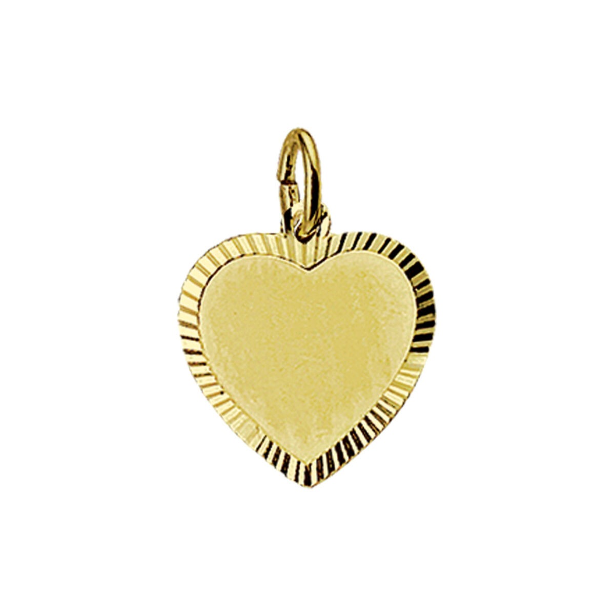 Pendentif en or jaune 9 carats en forme de cœur, avec une finition diamantée et des bords striés.