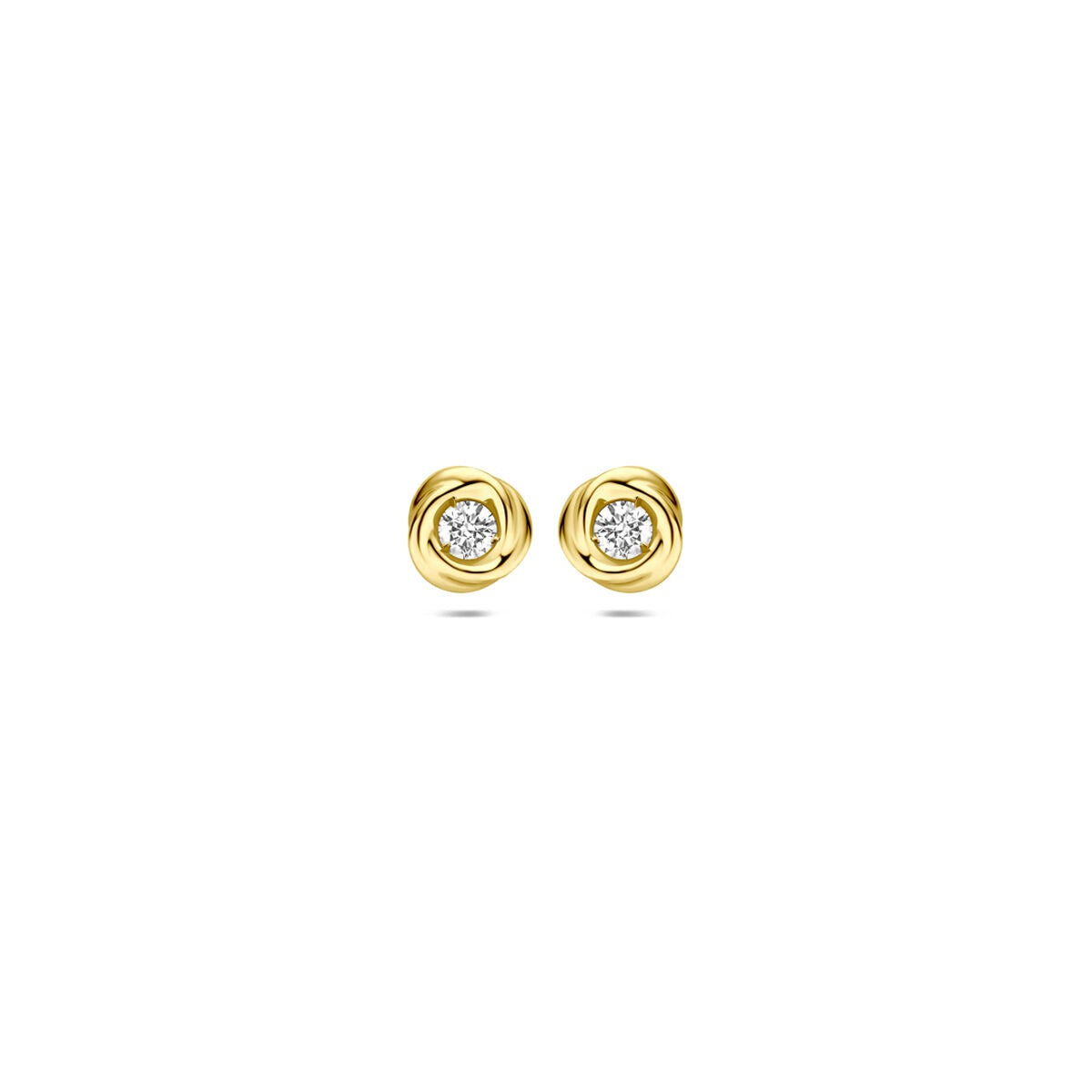 Boucles d'oreilles en or jaune 14 carats avec diamant synthétique, design rond.