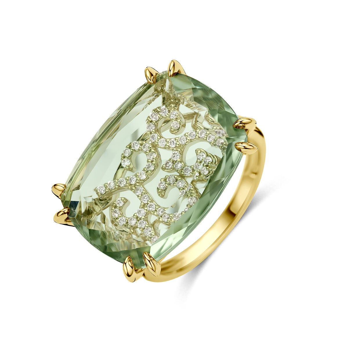 Bague en or jaune 14 carats avec améthyste verte et diamants, forme rectangulaire.