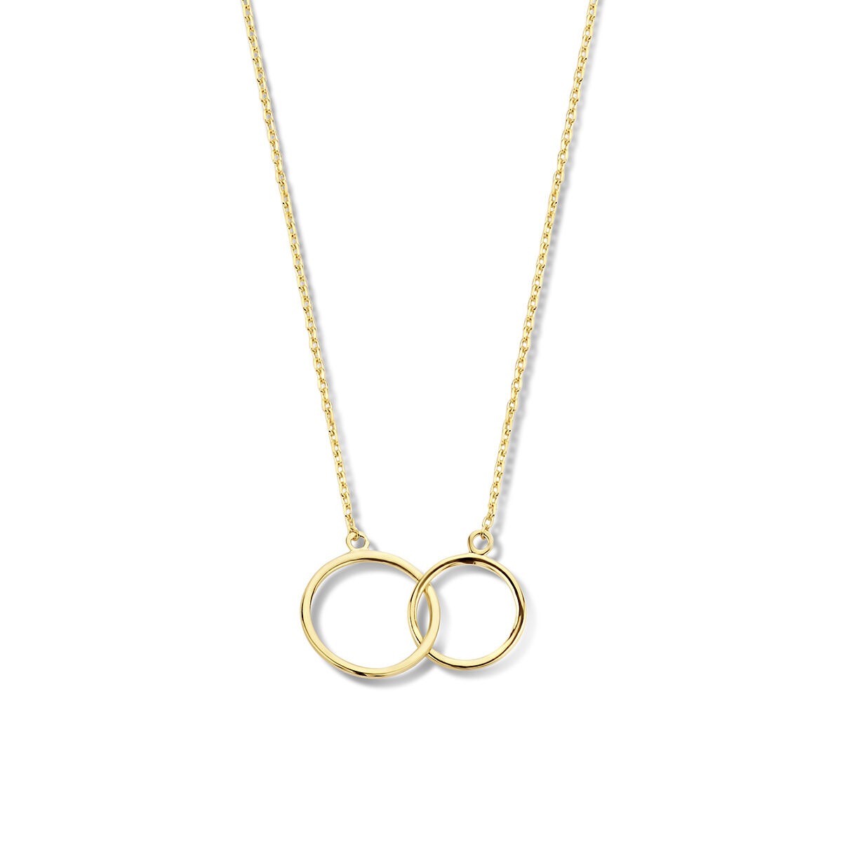 Collier en or jaune 9K avec deux anneaux entrelacés, longueur réglable de 40 à 44 cm.