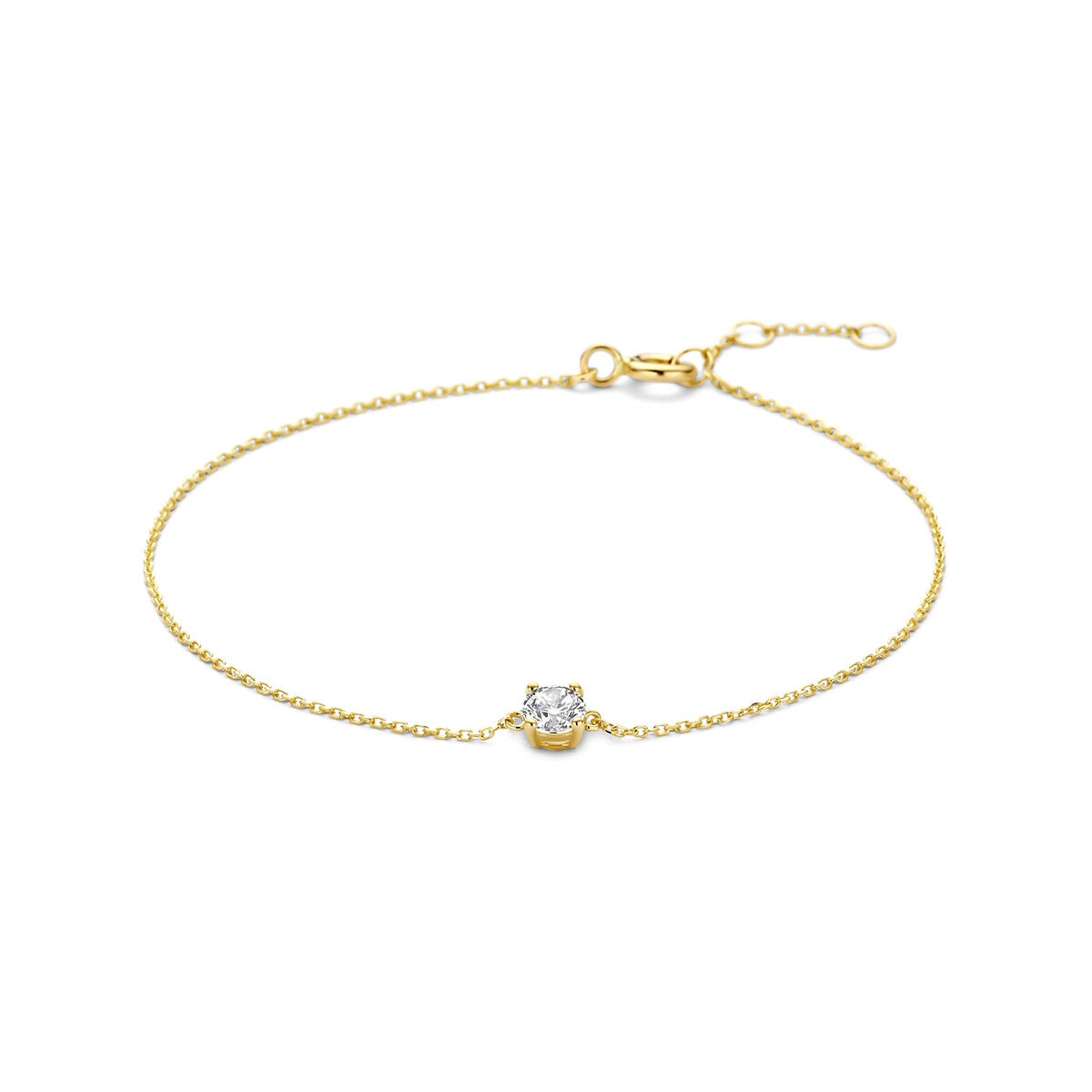 Bracelet en or jaune 9 carats avec un zirconia central, longueur ajustable de 16,5 à 18,5 cm.