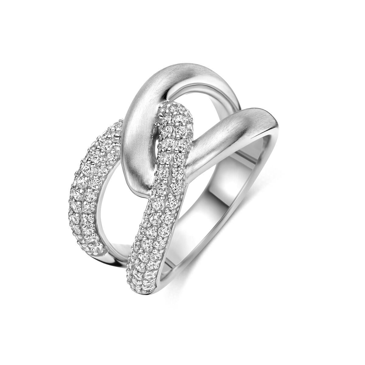 Bague en argent 925 rhodié avec pavé de zirconium, design entrelacé.