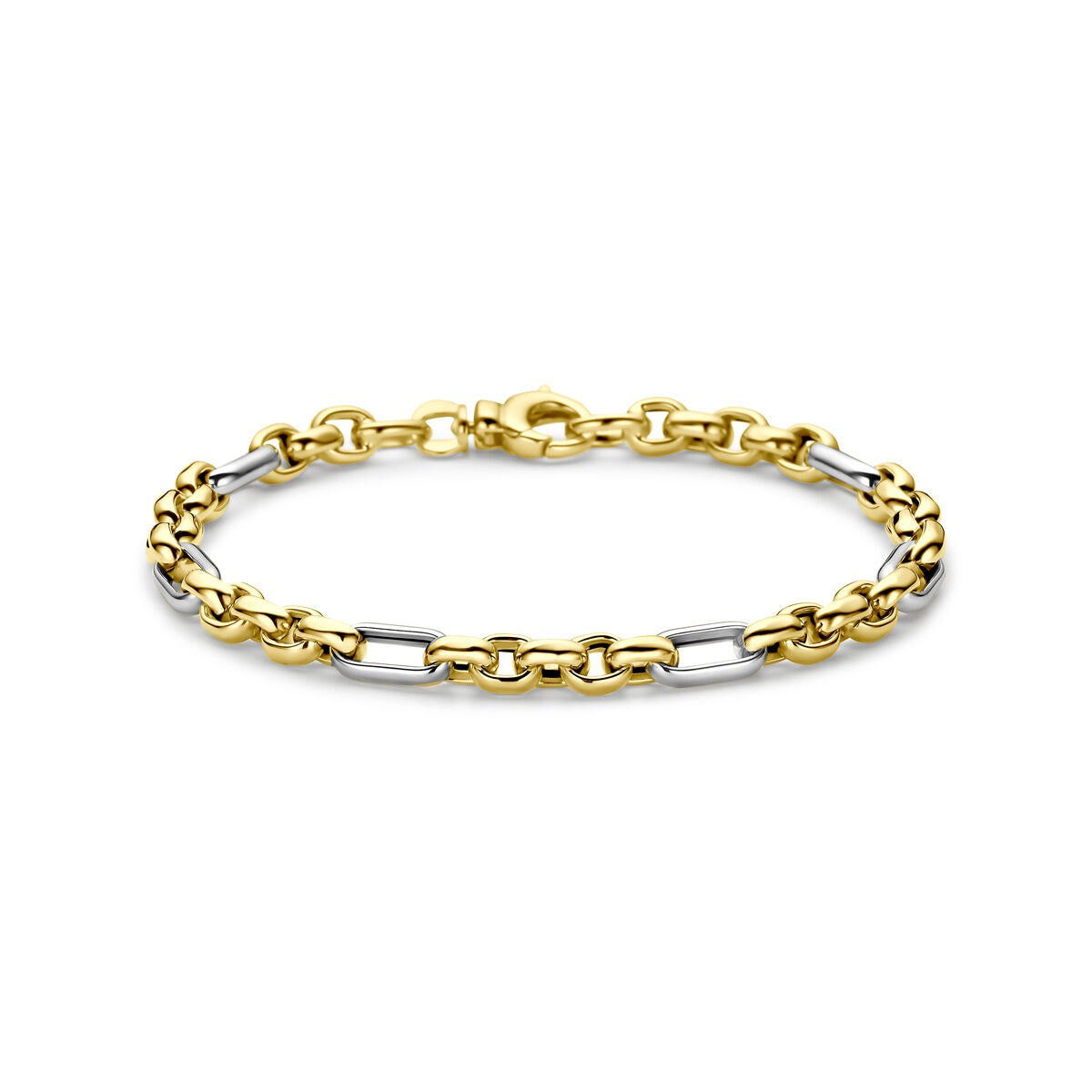Bracelet ancre en or bicolore 14 carats avec maillons alternés dorés et argentés.
