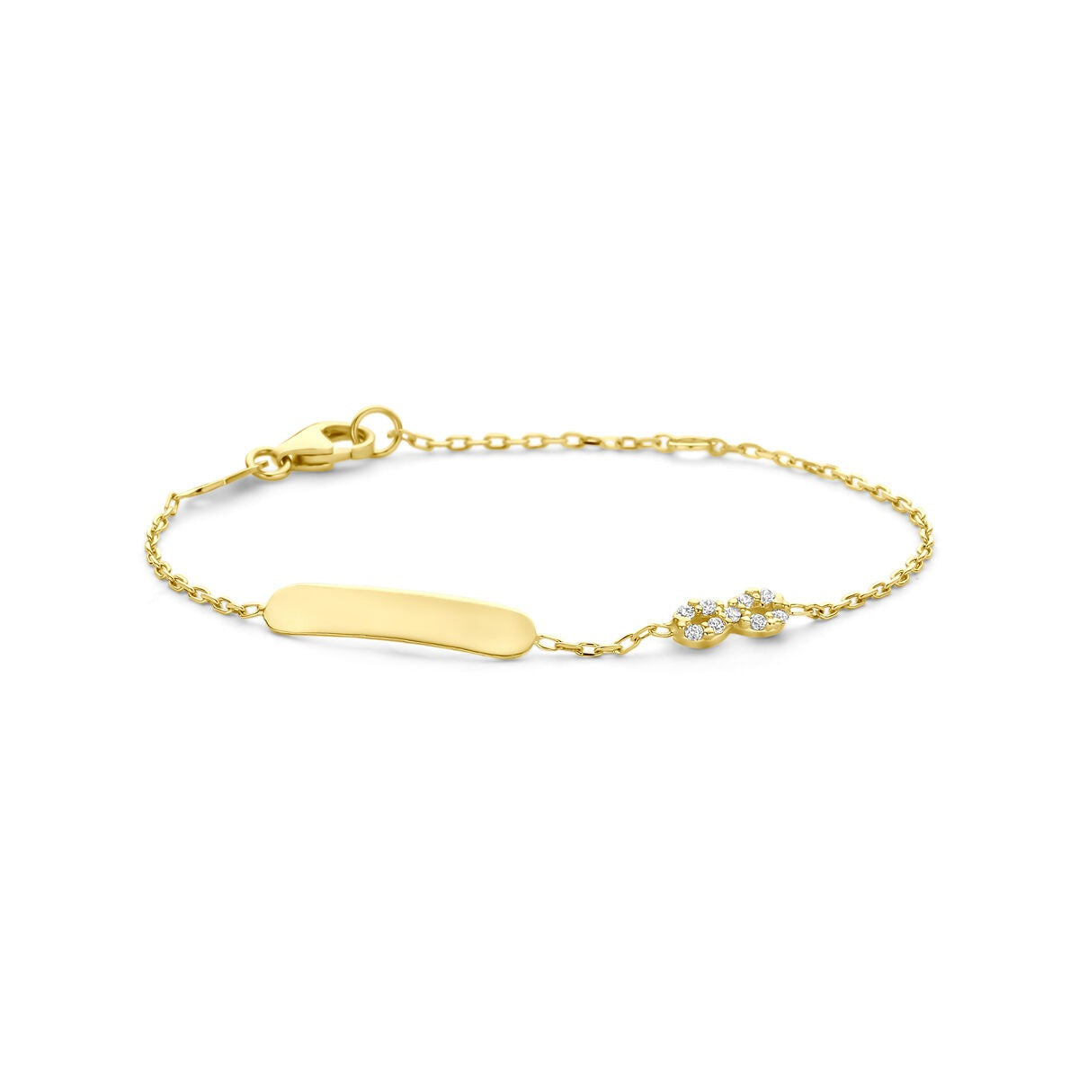 Bracelet en or 14k avec motif infini et zirconium, chaîne délicate.