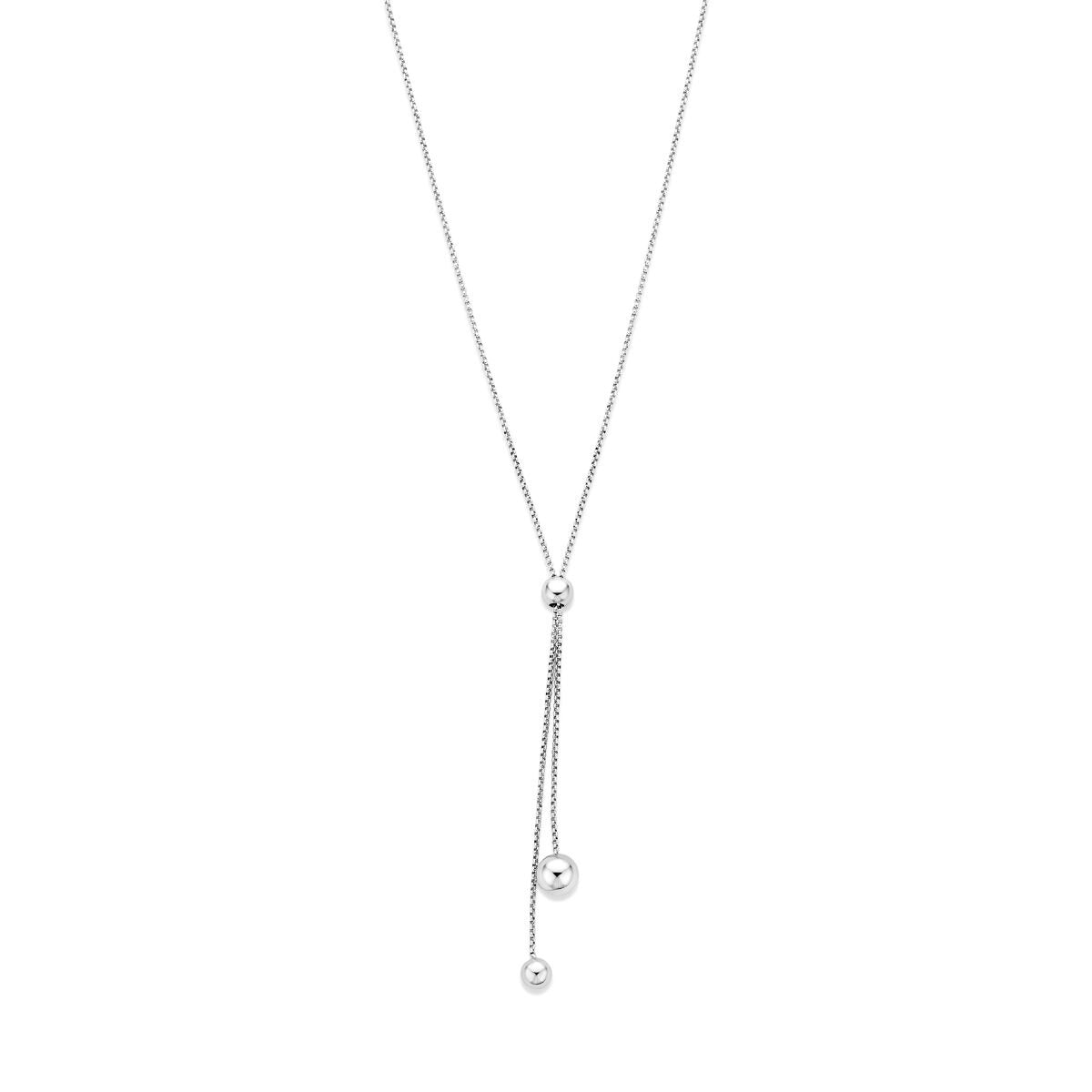 Gerhodineerd 925 zilveren y-collier met drie bolletjes in aflopende lijnen.