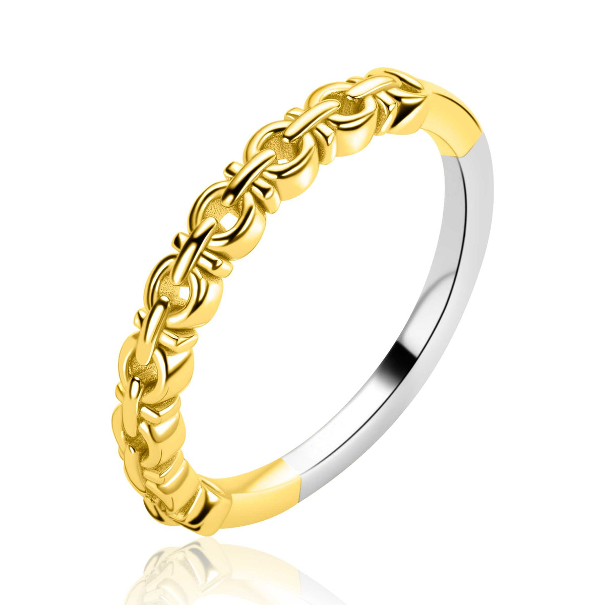 Bague dorée avec motif entrelacé et finition brillante.
