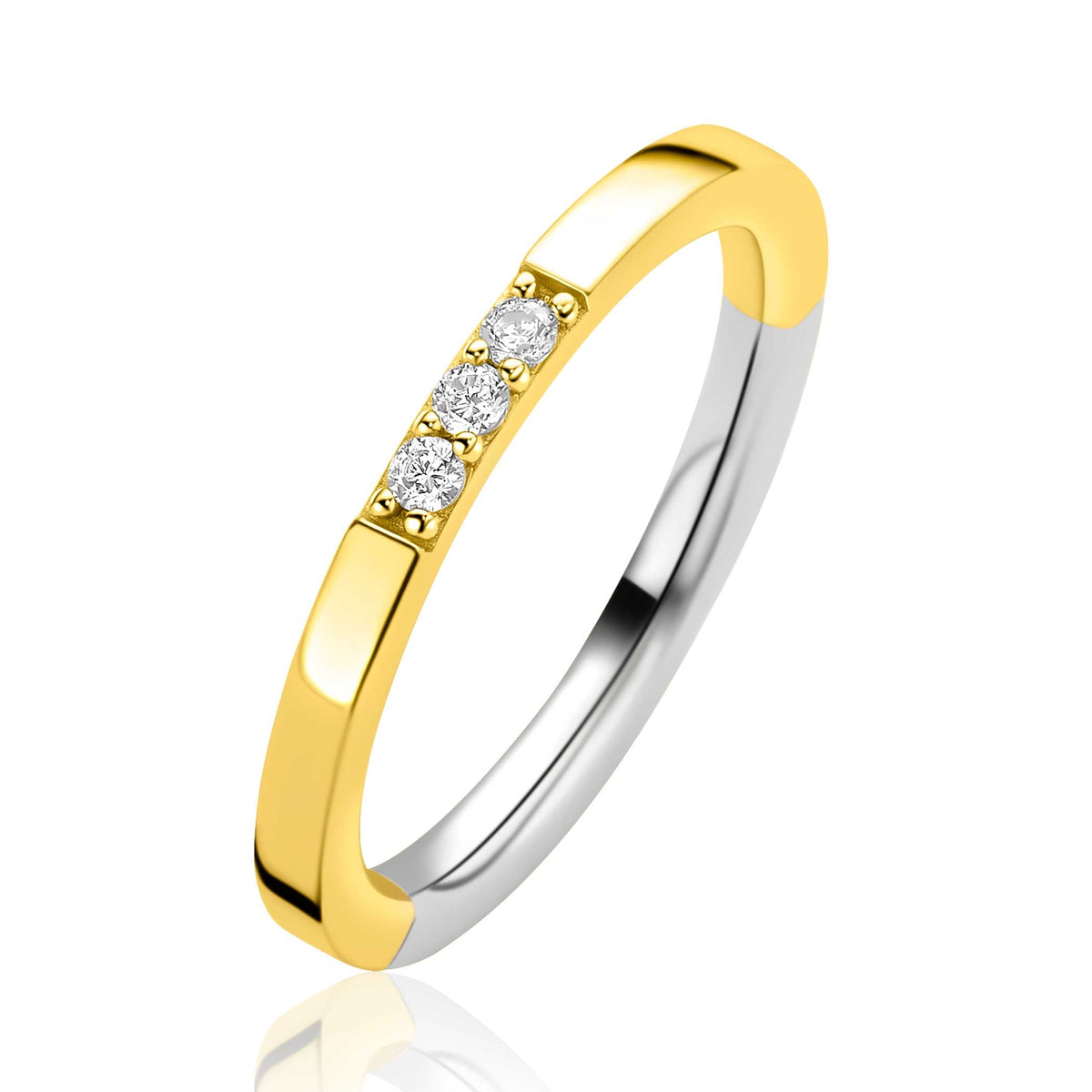 Bague dorée avec trois pierres brillantes et finition argentée.
