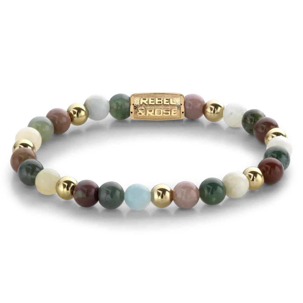 Bracelet en pierres naturelles multicolores avec détails en or jaune ionisé.