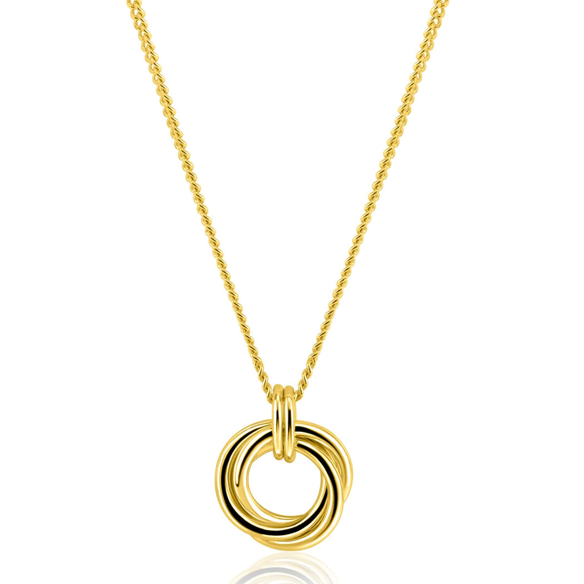 Collier doré avec pendentif en forme de deux anneaux entrelacés.