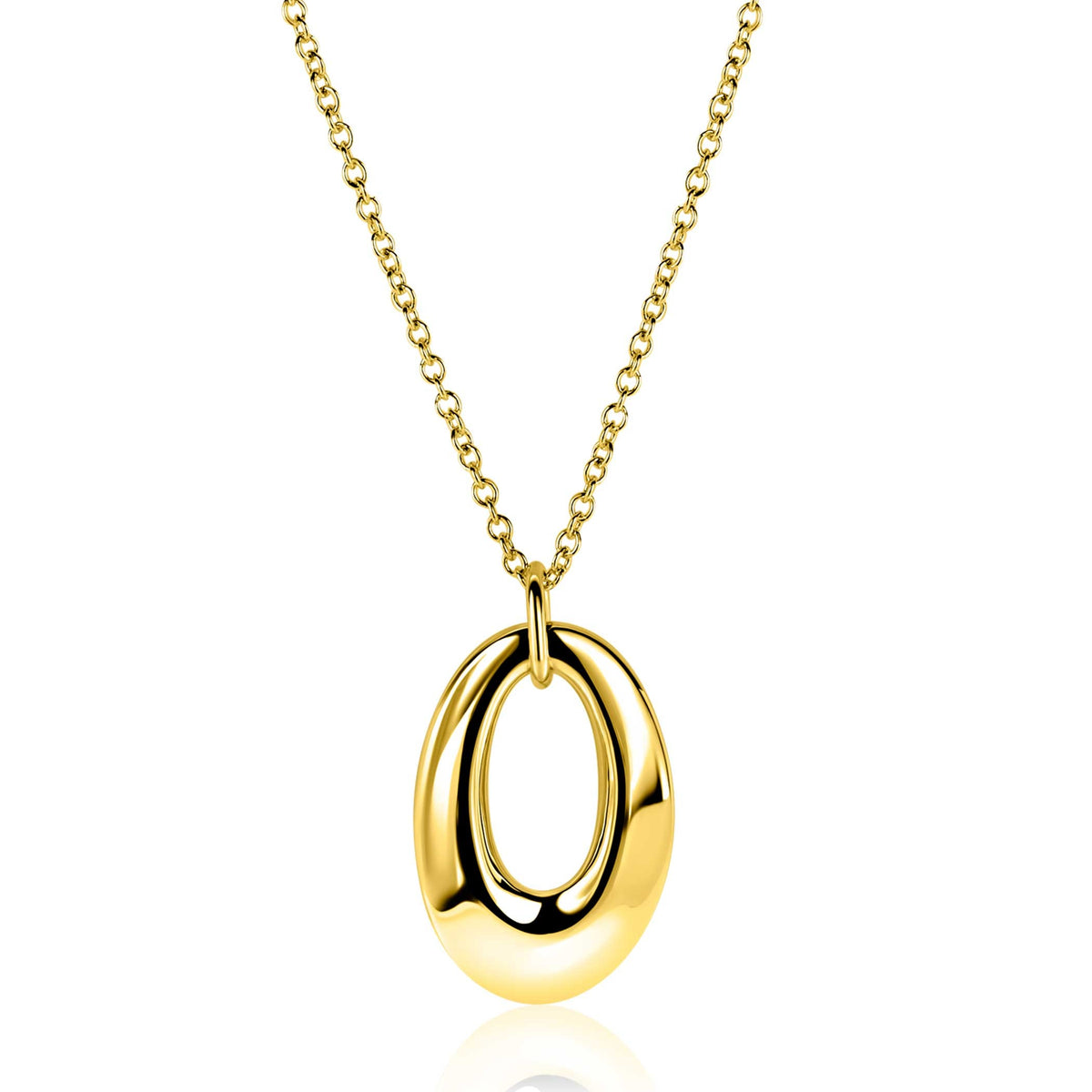 Collier doré avec un pendentif ovale brillant.