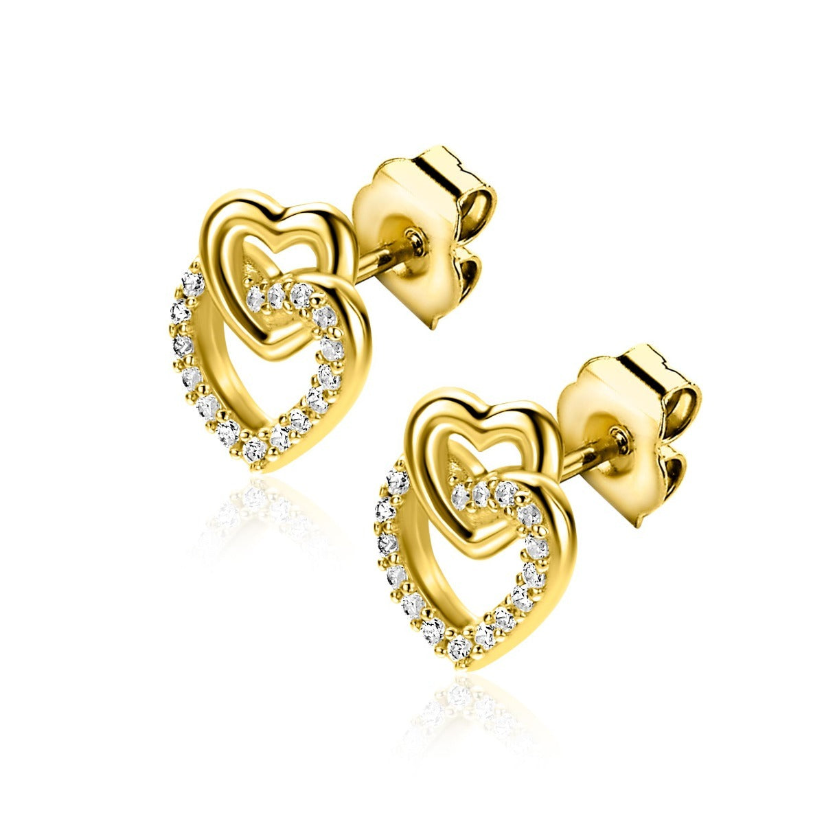 Boucles d'oreilles en argent doré avec des cœurs entrelacés et des zircons.