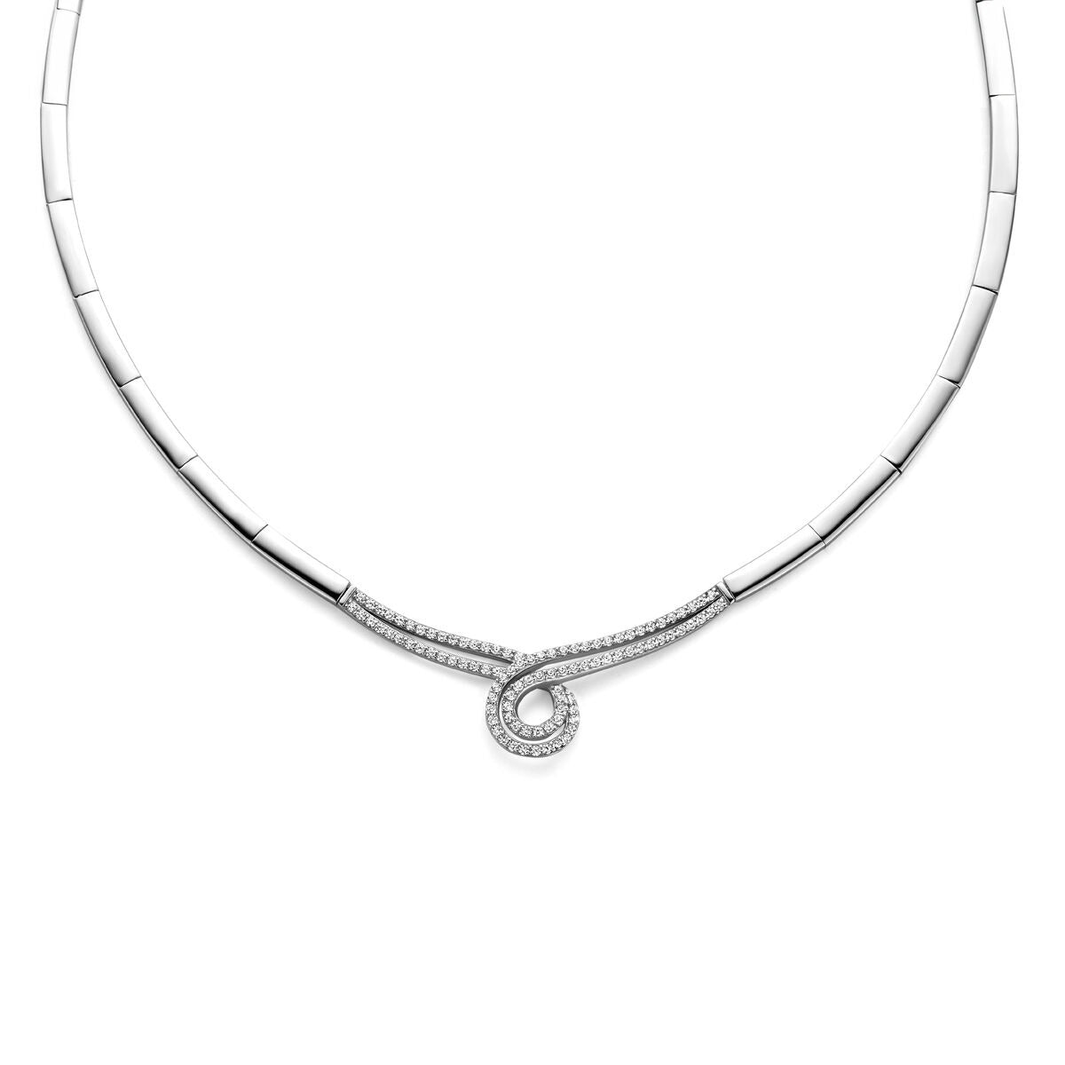 Gerhodineerd zilveren collier met een golvende vorm en een sprankelende zirkonia in het midden.