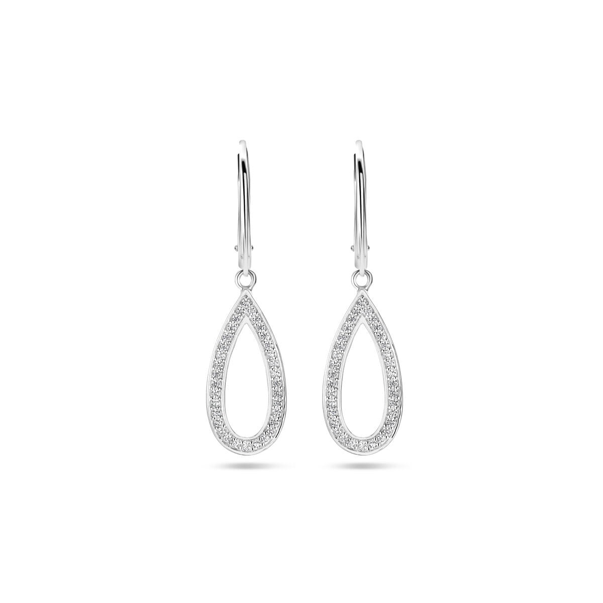 Boucles d'oreilles en argent rhodié en forme de goutte, ornées de zirconiums.