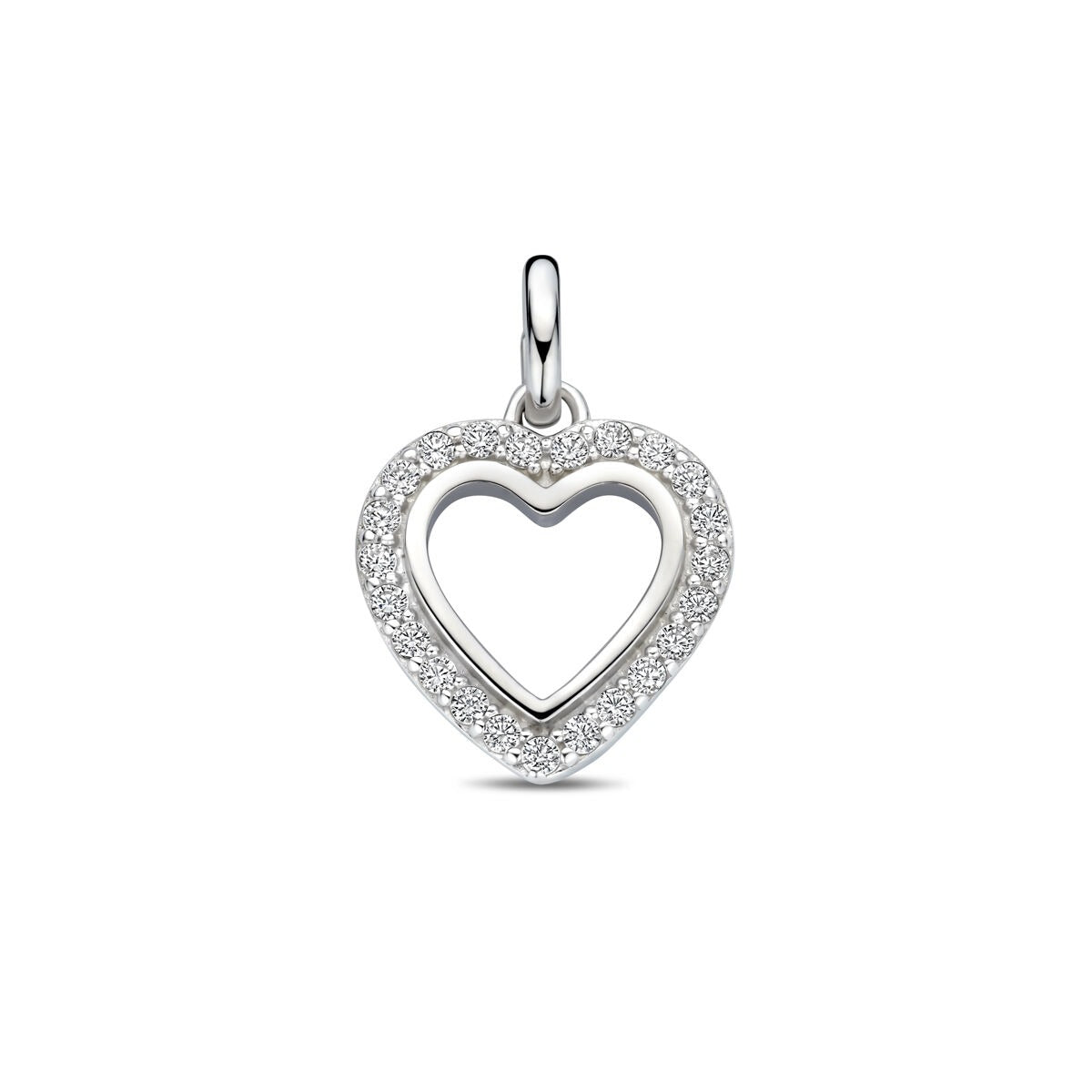 Pendentif en forme de cœur en argent rhodié, orné de zirkonia, mesurant 17,5 mm de hauteur.