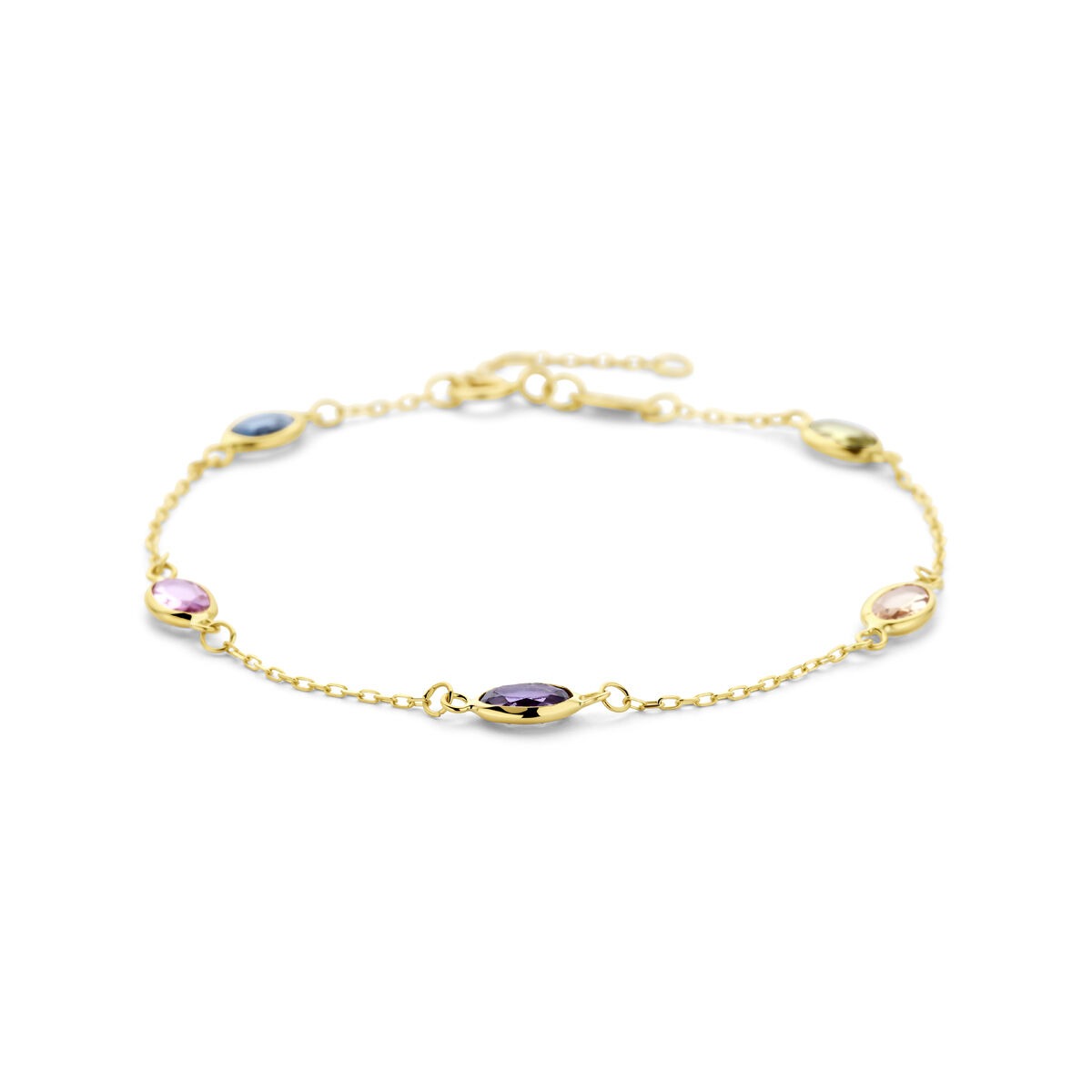Bracelet en or jaune 14 carats avec des pierres précieuses synthétiques multicolores.