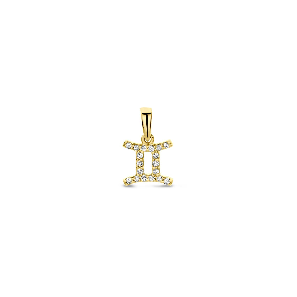 Pendentif en or jaune 14 carats en forme de signe des Gémeaux, orné de diamants.