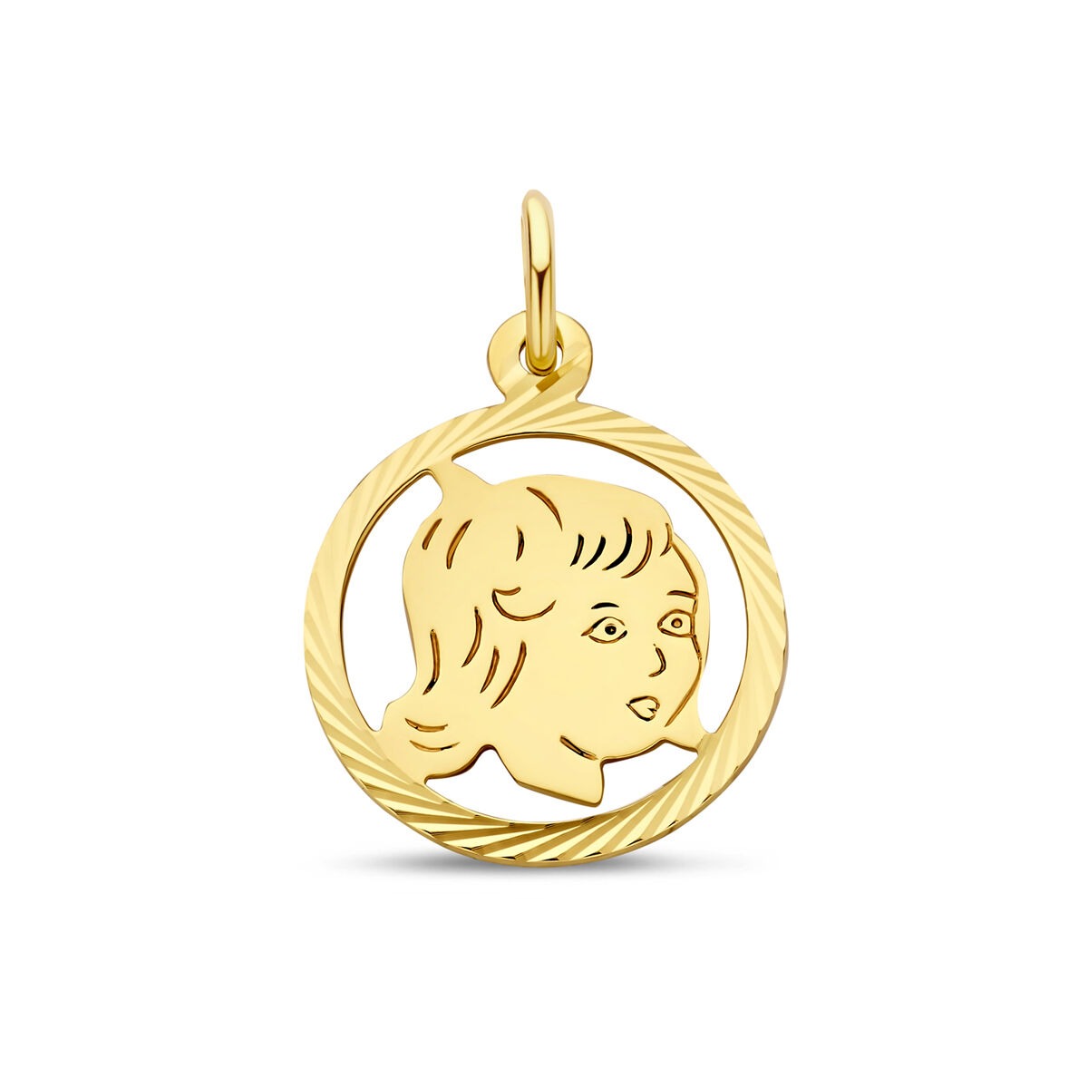 Pendentif rond en or jaune 9 carats représentant un visage d'enfant avec un contour torsadé.