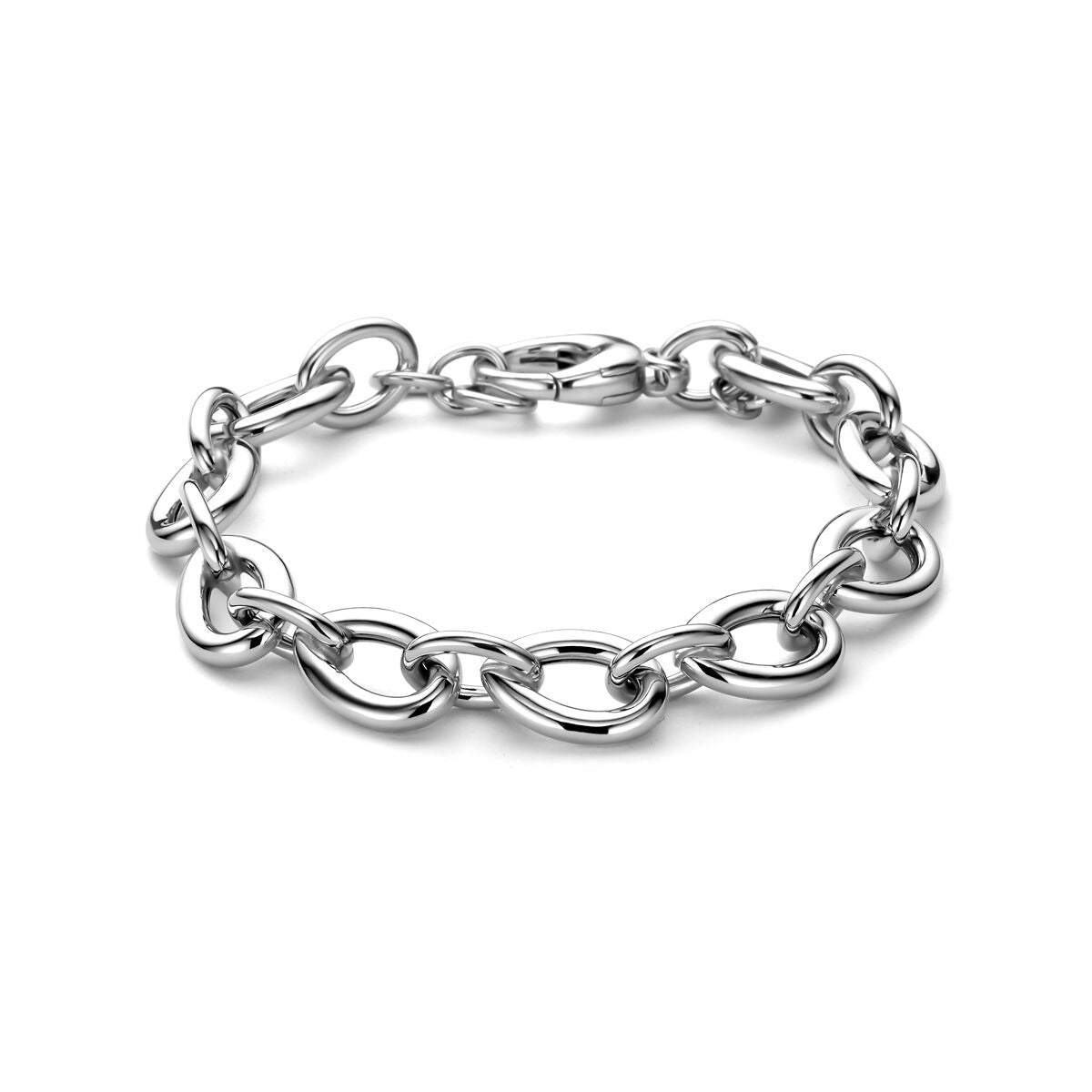 Zilveren dames armband met brede anker schakels in gerhodineerd zilver, 11 mm breed en 19,5 cm lang.