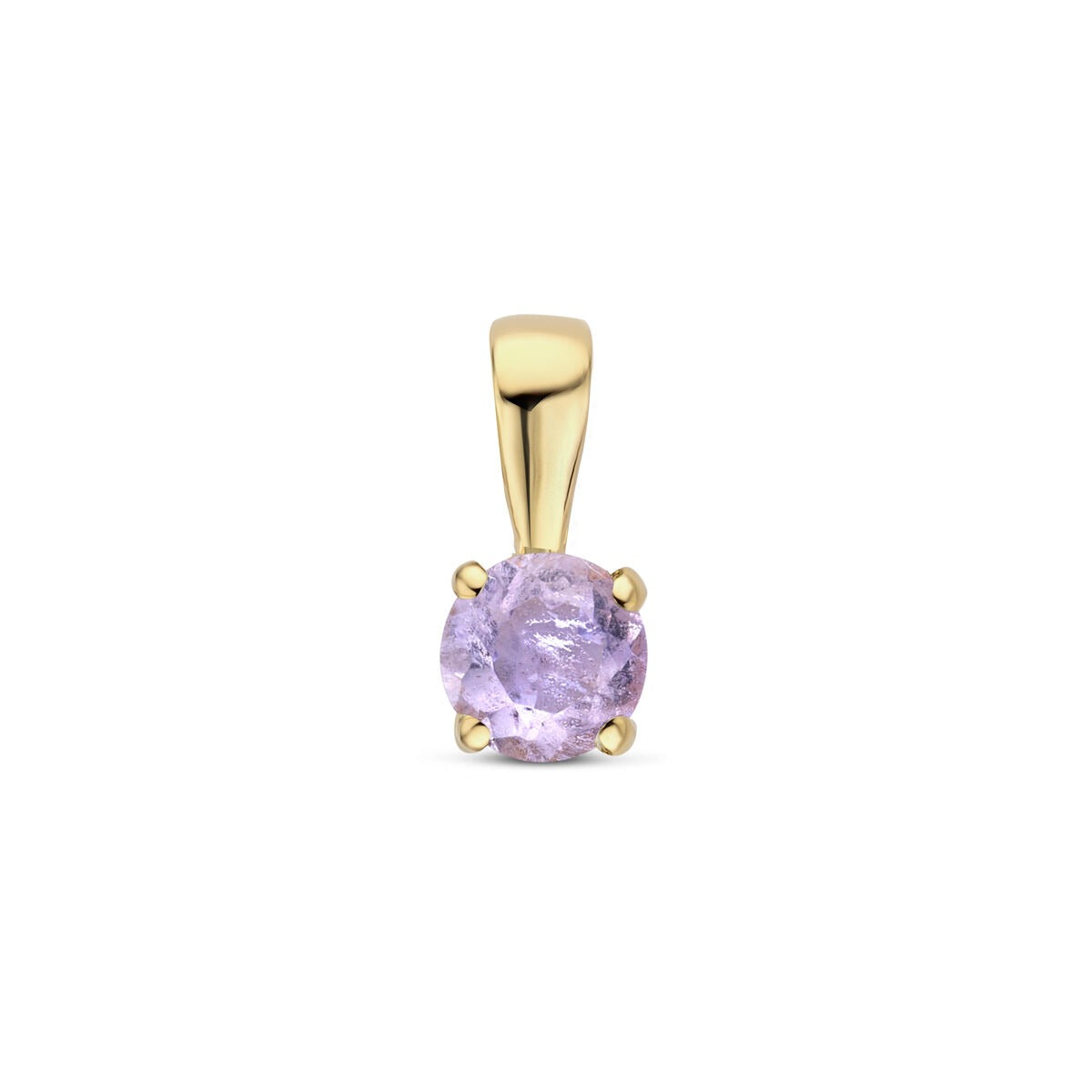 Pendentif en or jaune 14 carats avec une améthyste ronde et sertie de quatre griffes.