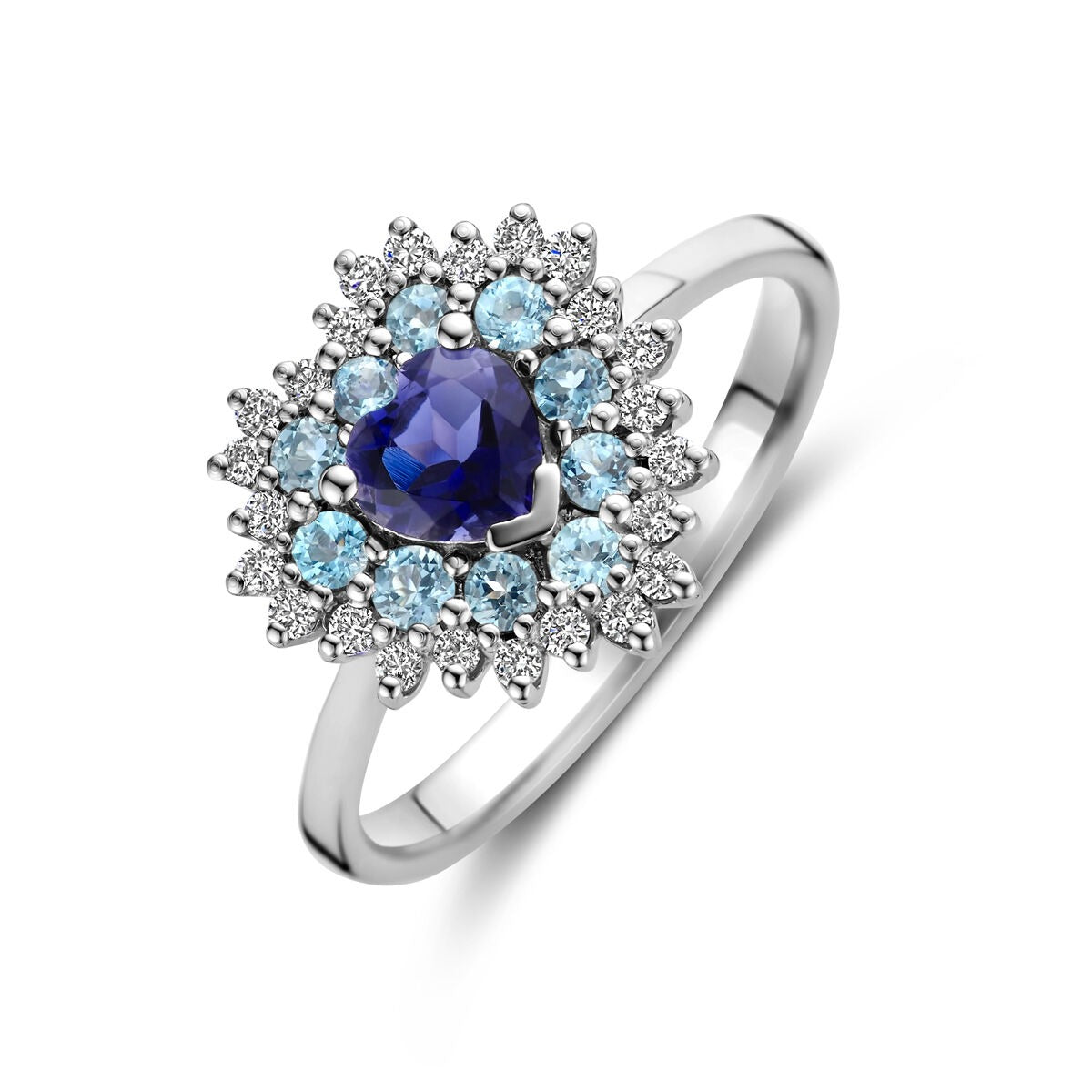 Bague en or blanc en forme de cœur, ornée d'un topaze bleu de Londres, d'iolite et de diamants.