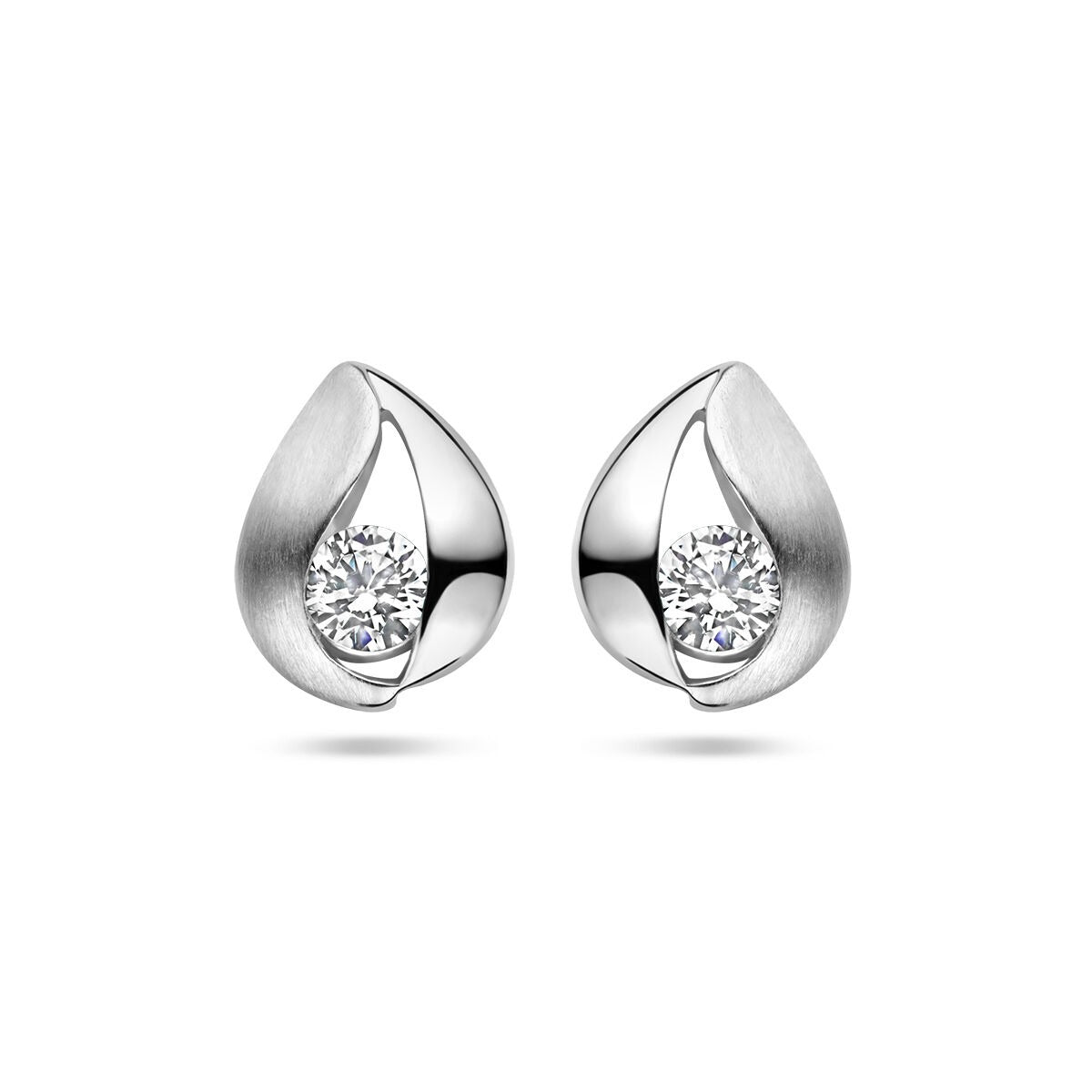 Boucles d'oreilles en argent rhodié avec zirconia, en forme de goutte, finition mate.