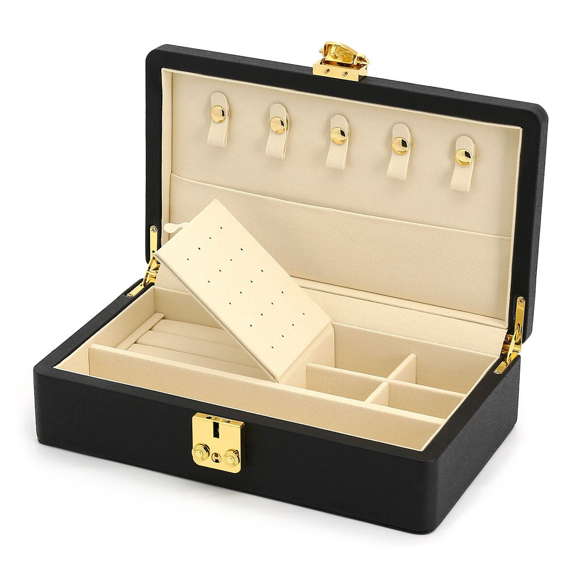 Boîte à bijoux de luxe noire avec des détails dorés – compacte et élégante