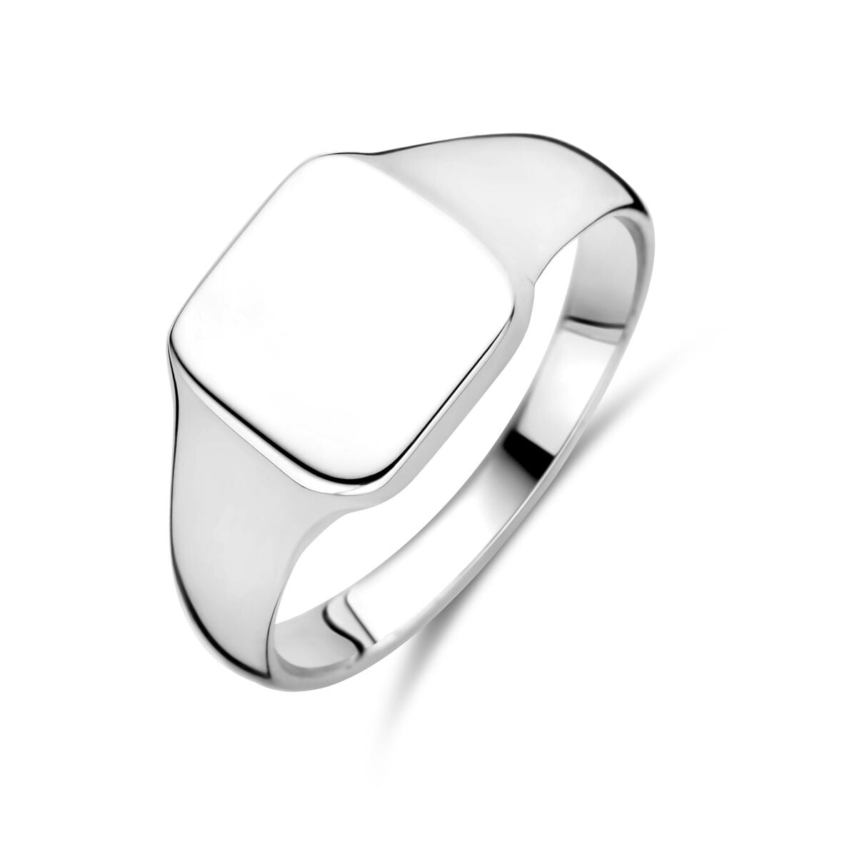Bague en argent rhodié avec une forme carrée et une finition lisse.