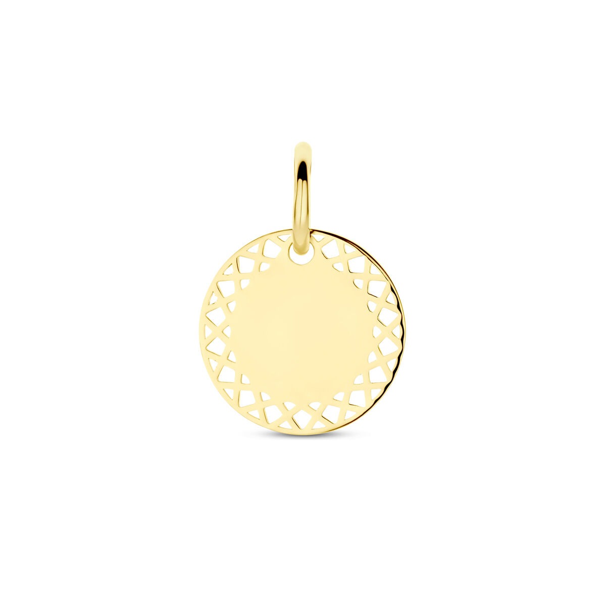 Pendentif rond en or jaune 14 carats avec un motif ajouré.