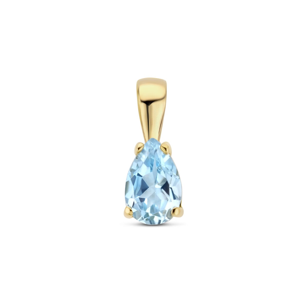Pendentif en or jaune 14 carats avec topaze bleue en forme de poire.
