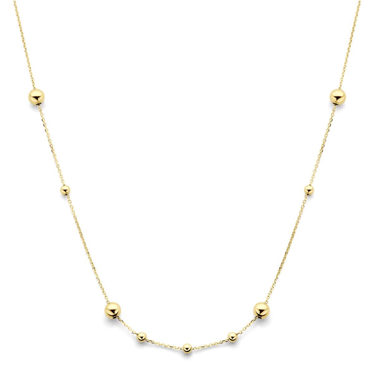 Collier en or jaune avec des billes dorées espacées sur une chaîne délicate.