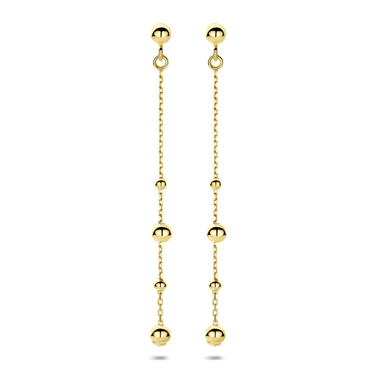 Boucles d'oreilles en or jaune 14 carats avec des perles suspendues.