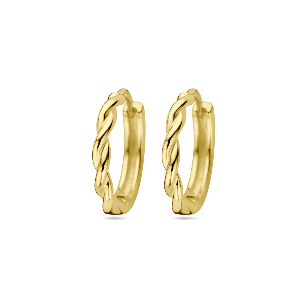 Vergulde zilveren klapoorringen met gedraaide structuur, diameter 13 mm en breedte 2 mm.